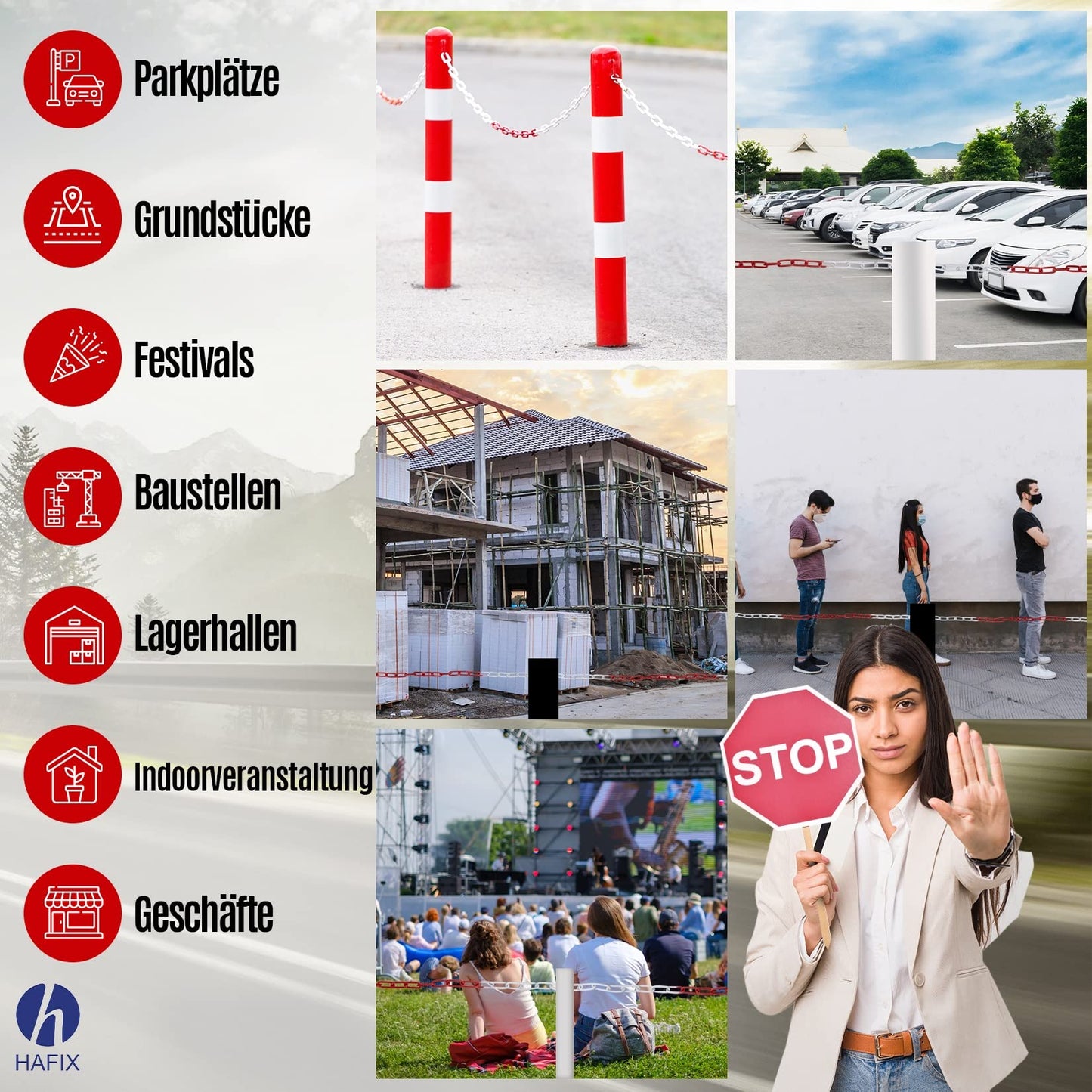 HAFIX Absperrkette Warnkette Zweifarbige rot-weiße Kette 26M. Warnkette 5mm Gliederkette Sicherheitskette Baustellensicherheitskette aus rostfreiem Metall. Absperrkette Rot Weiß aus Metall 26 Meter.