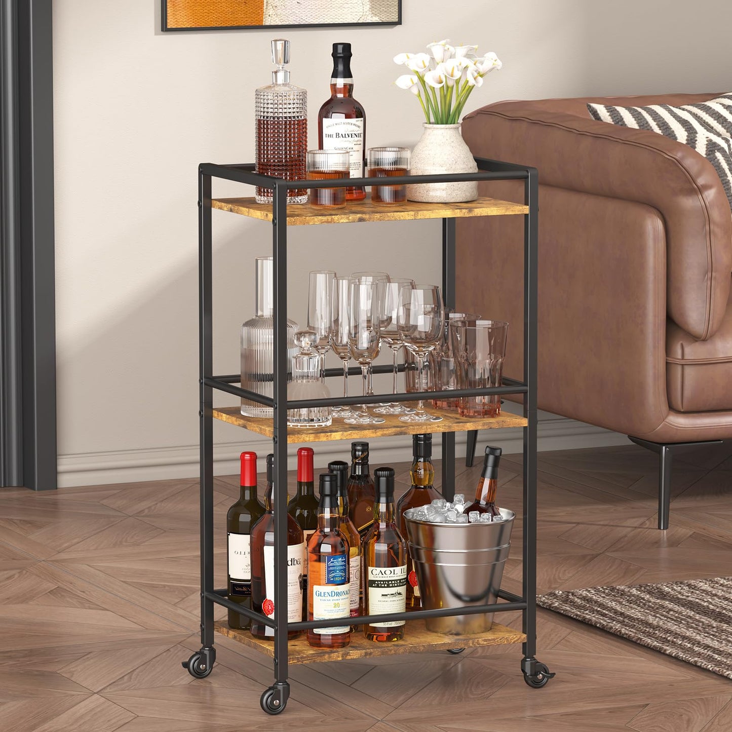 Lifewit Servierwagen mit Rollen, 3-stöckiger rollender Küchenwagen, Küchenregal Rackwagen Barwagen mit feststellbaren Rädern für Küchen,Wohnzimmer, Outdoor, 43,2 x 30 x 81,5 cm, Braun Rustikal