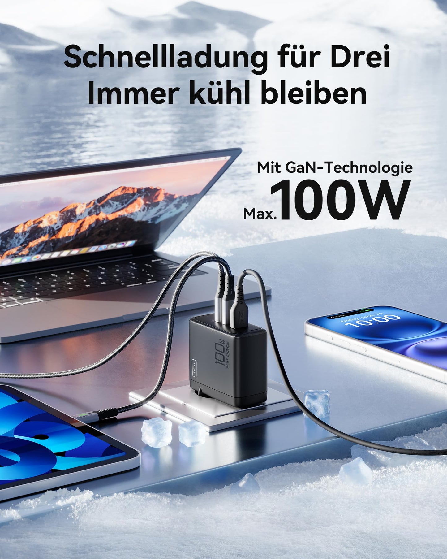 INIU 100W USB C Ladegerät, GaN 3-Ports Schnellladegerät mit USB C Kabel, PD 3.0 Mehrfach Netzteil für MacBook iPad Pro Air, iPhone 16 15 14 Pro Max Plus, Galaxy S24 S23 Ultra, Steam Deck, Google usw
