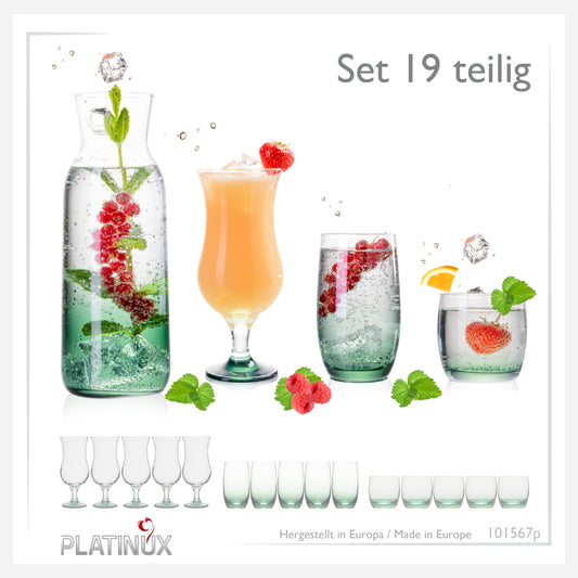 PLATINUX Trinkgläser Set & Karaffe mit Grünem Ombré Effekt 19 Teilig aus Glas Wasserkaraffe Cocktailgläser Trinkgläser