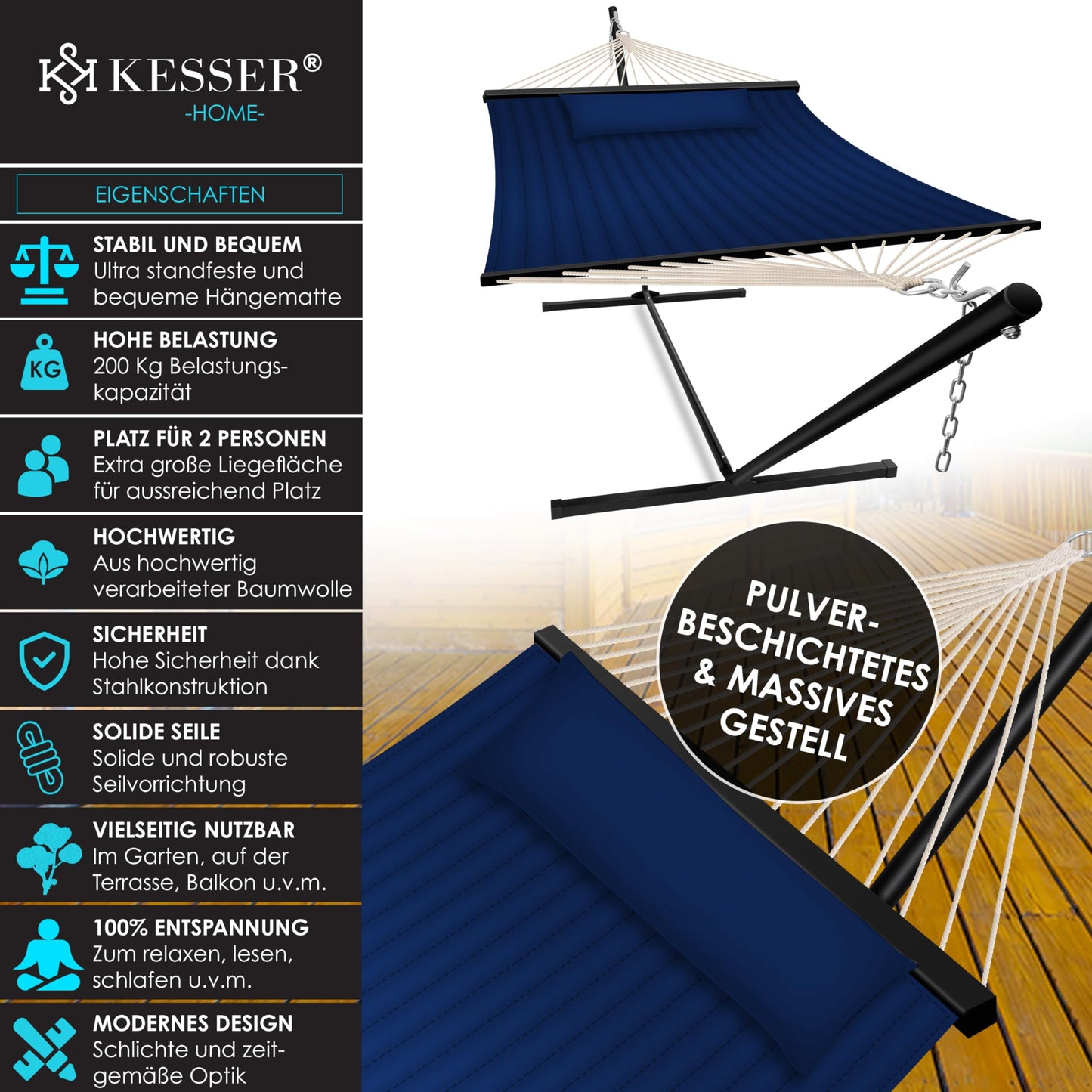KESSER® Hängematte Hill mit Gestell Kissen Doppelhängematte für 2 Personen-Stabiler Rahmen 200kg Belastbarkeit Indoor & Outdoor XXL Hängesessel Doppel Mehrpersonen Garten Pool Balkon Terrasse Navy
