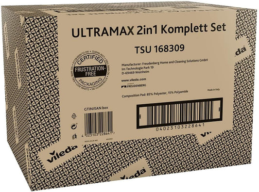 Vileda Ultramax 2in1 Bodenwischer Komplett Set, Wischmopp mit Stiel, Mikrofaserbezug und Eimer mit Powerpresse, für alle Hartböden, Eco-Verpackung