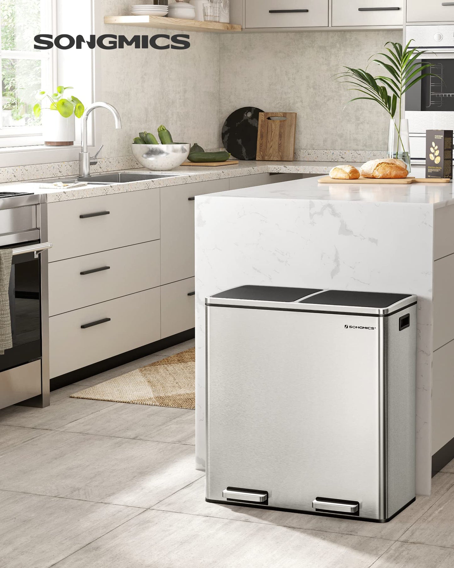 SONGMICS Mülleimer, 2 x 30 Liter, 2 Fächer, Mülltrennsystem, Treteimer, Abfalleimer Küche, 15 Müllsäcke, Metall, Inneneimer aus Kunststoff, Klappdeckel, Softclose, luftdicht, silbern-schwarz LTB60NL