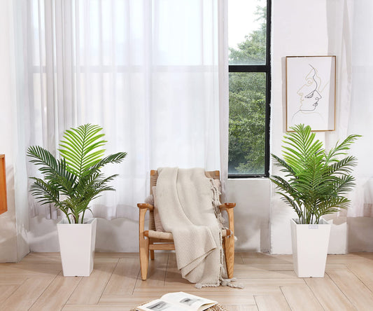 Fopamtri Kunstpflanzen Groß Areca Kunstpalme 90 cm im Topf Künstliche Pflanze Tropical Hawaii Grün Fake Plant für Schlafzimmer Büro Garten Hochzeit Party Deco (2 Stück)