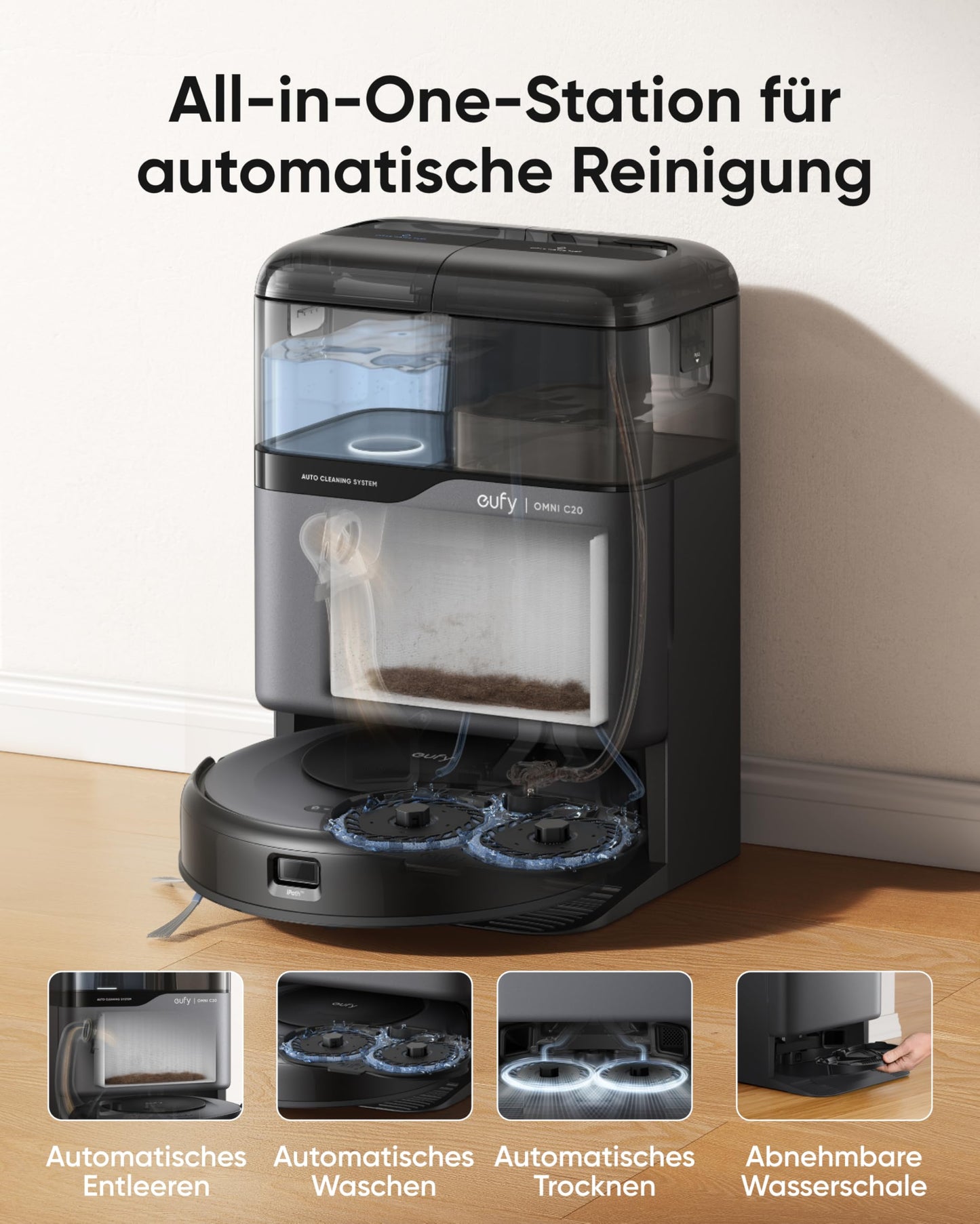 eufy Saugroboter Omni C20 mit All-in-One-Station,Auto-Entleerung, Auto-Wasch- und Trocknungsfunktion, 7.000Pa, 8,5cm Ultraflaches Design, Staubsauger Roboter mit Wischfunktion,Kindersicherung