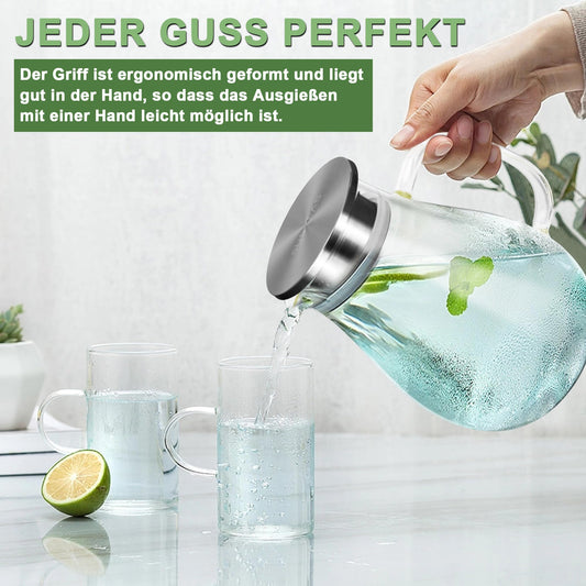 SUSTEAS 2.5 Liter 75oz Wasserkaraffe, Glaskaraffe mit Deckel und Breitem Griff, Leicht zu Reinigender Glas Karaffe für den Kühlschrank, Wasserkrug für Kaltes/Heißes Wasser, Eistee, Mit Bürste