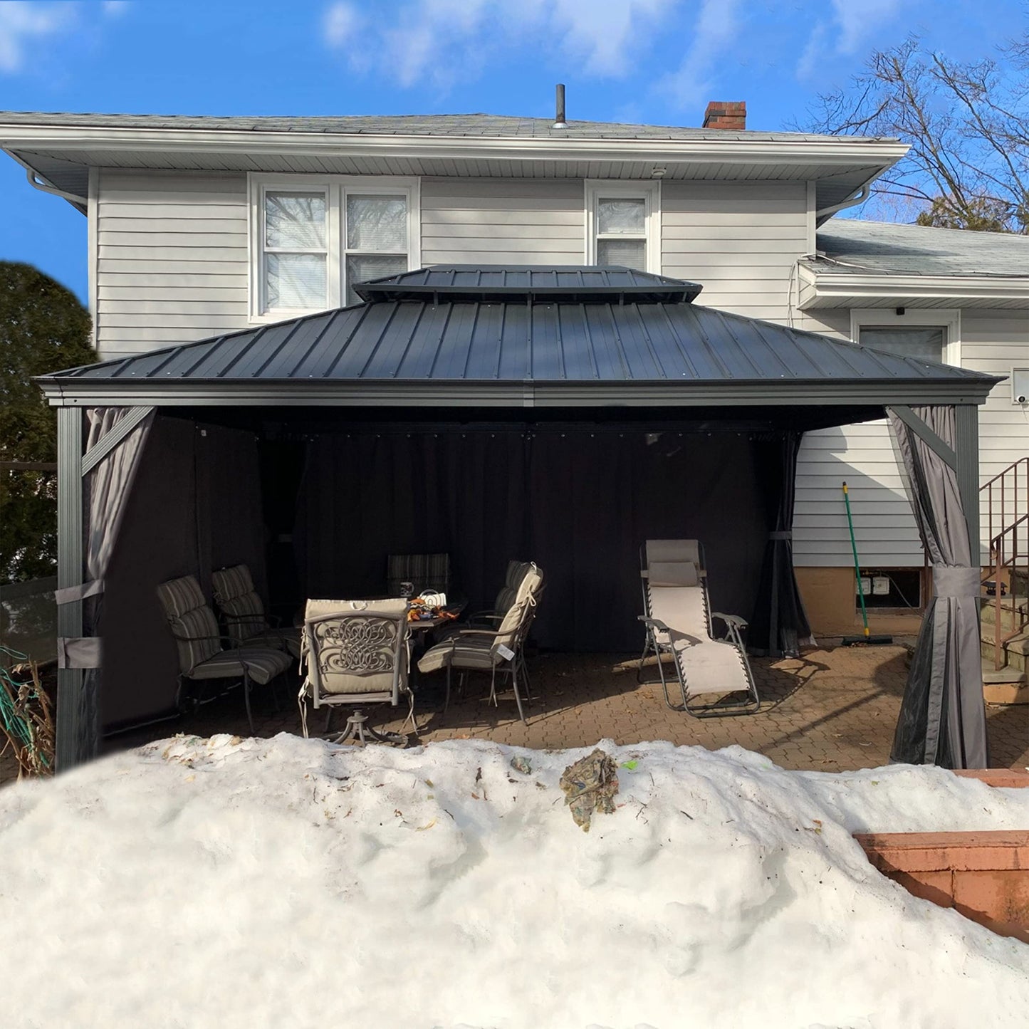 PURPLE LEAF Pavillon 3.65 x 4.85 m Wasserdicht Stabil Winterfest Gartenpavillon Alu Pavillon mit Seitenteile Hardtop mit Stahldach, Grau