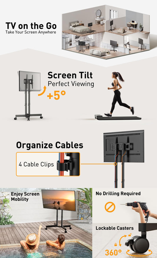 PERLEGEAR TV Ständer Rollbar für 32-70 Zoll Plasma/LCD/LED Fernseher, TV Standfuss Höhenverstellbar mit Neigbar -15° to +5°, Fernsehständer mit Rollen bis zu 40 KG, Max VESA 400x400 mm, PGTVMC14