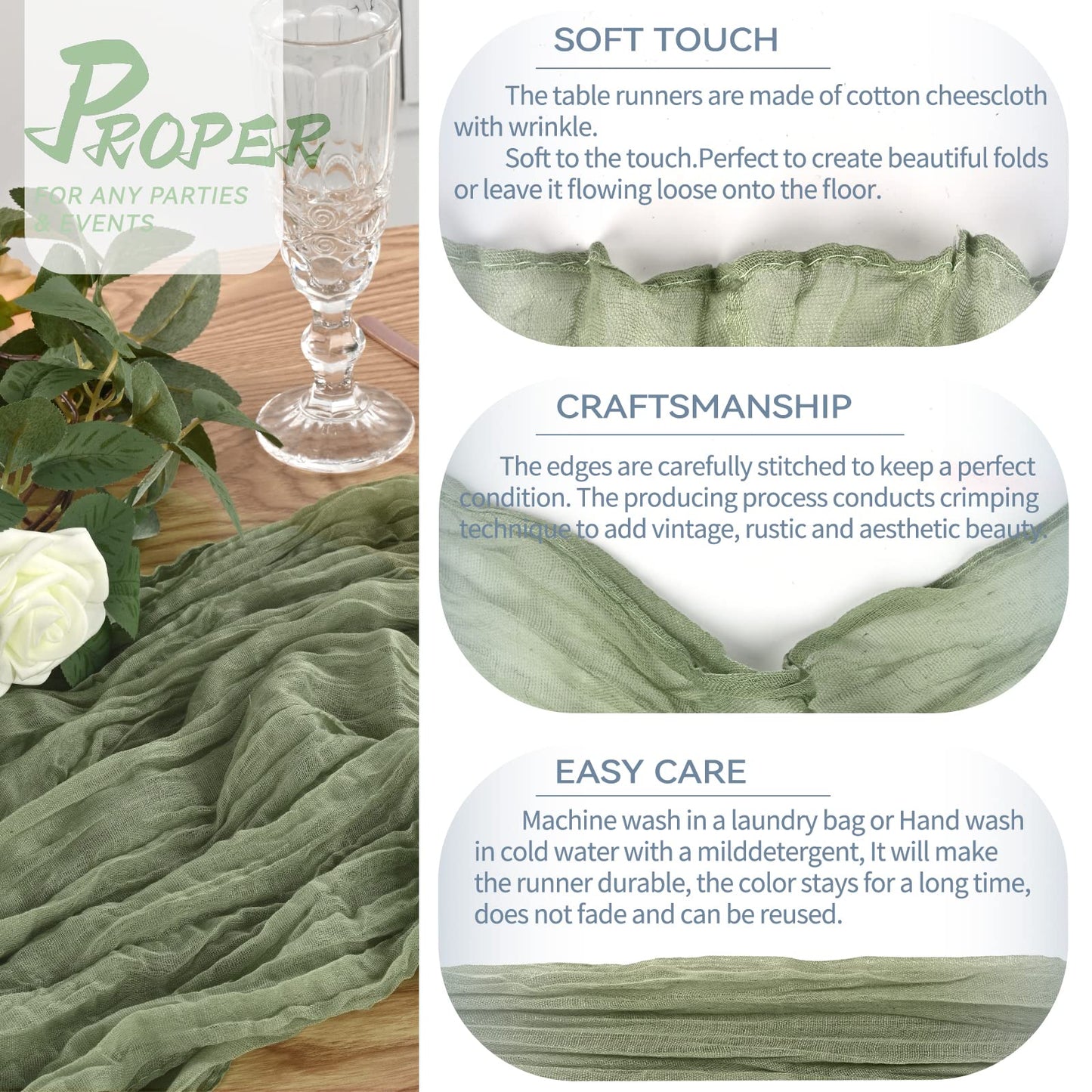 10 Stück Seihtuch Tischläufer Salbeigrün,90 x 300 cm Grün Käsetuch Tischläufer Rustikaler Gaze Stoff Boho Cheesecloth Tischläufer Hochzeit Tischdecke für Hochzeitsfeier Brautparty Tischdekoration