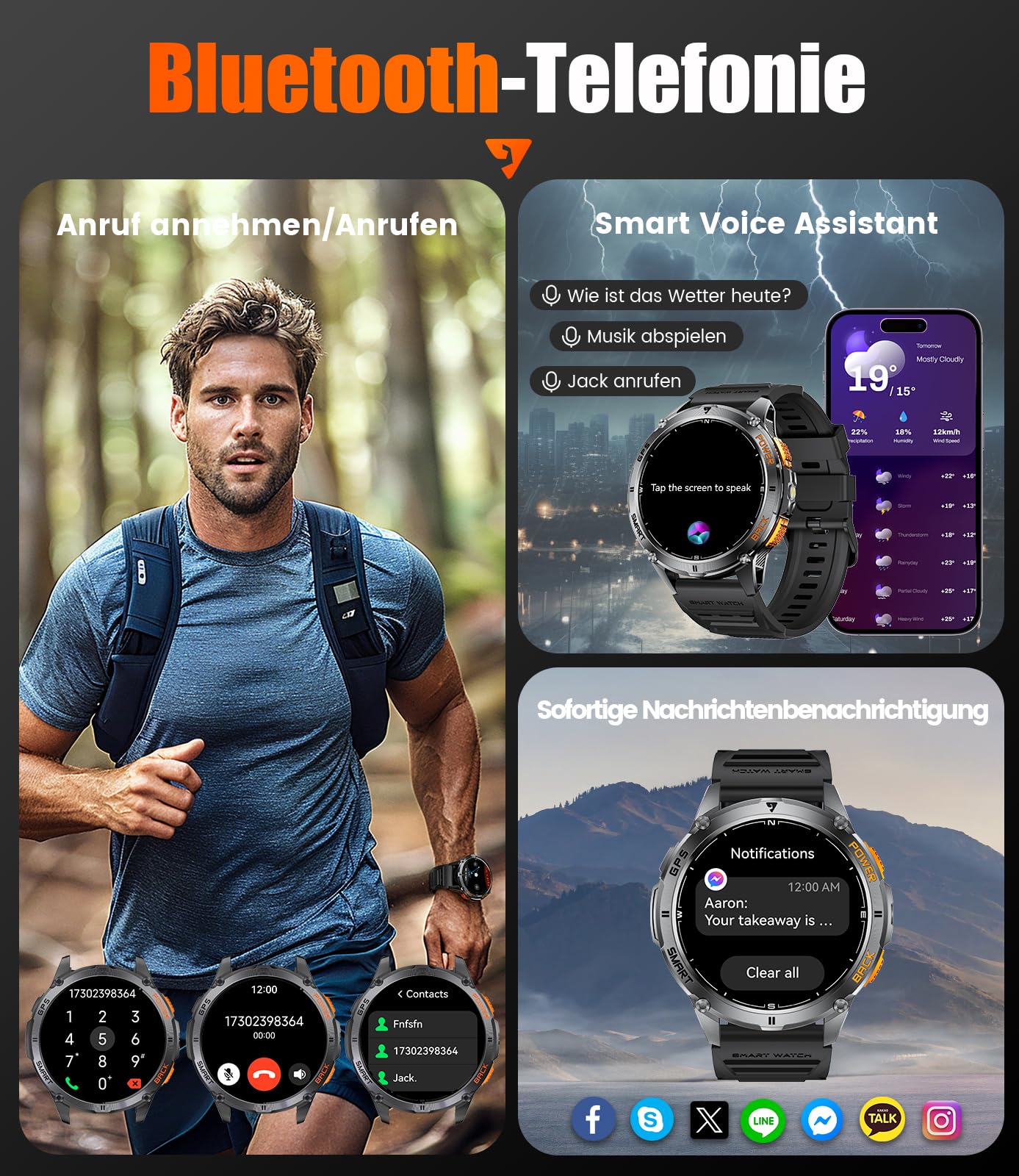 LIGE GPS Smartwatch Herren mit LED Taschenlampe 1.43″AMOLED Smartwatch mit Telefonfunktion 600 mAh Batterie Herzfrequenz/Schrittzähler/Schlafmonitor/Kompass Smart Watch für iOS Android,170 Sportmodi