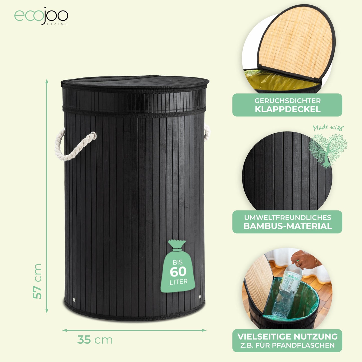 Ecojoo® Premium Gelber Sack Ständer aus FSC®-Bambus -doppelt verstärkt, Mülleimer Küche-geruchsdicht, Müllsackständer, Pfandflaschen Sammelbehälter, Abfalleimer Küche, Mülleimer 60l (schwarz)