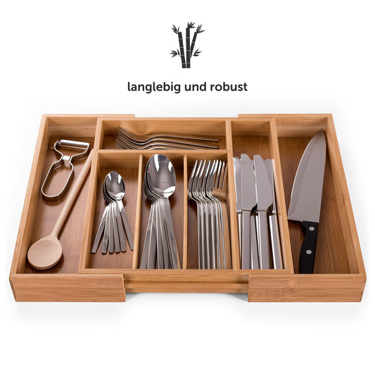 Blumtal Besteckkasten aus Bambus - größenverstellbarer Schubladentrenner Küche - Besteck Organizer 5 bis 7 Fächer - ausziehbare Schublade für Küchenschubladen - Organizer Küche Besteck in medium
