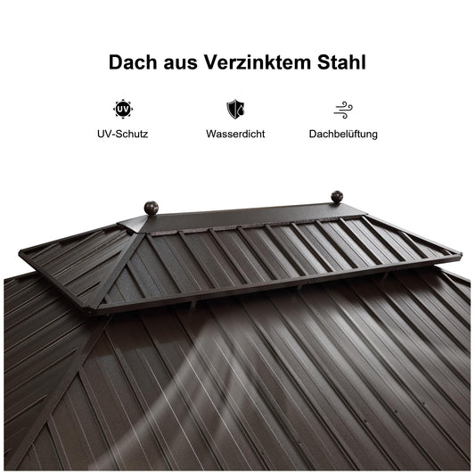 PURPLE LEAF Gartenpavillon 3.65 x 4.25 m Pavillon Wasserdicht Stabil Winterfest Alu Hardtop Pavillon mit Seitenteile 14.6 m 24 LED Lichterketten, Bronze