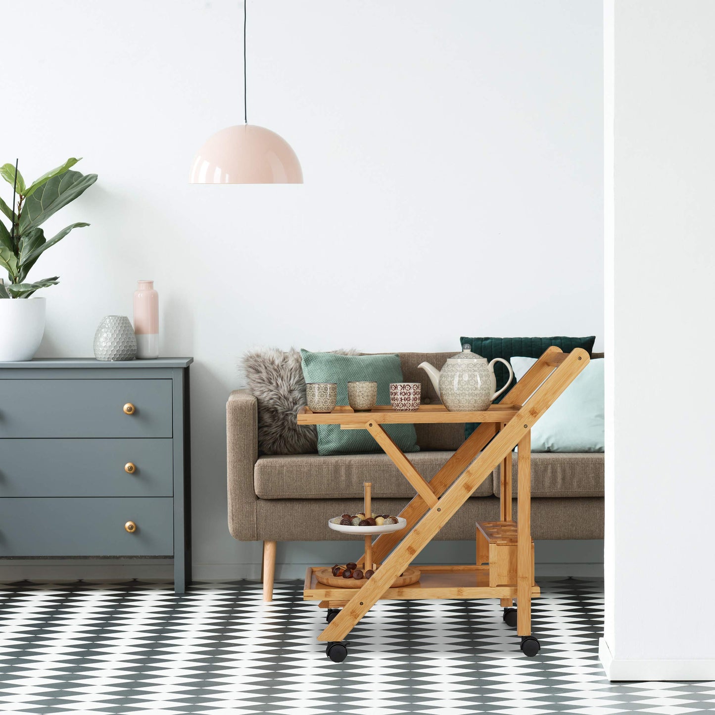 Relaxdays Küchenwagen Bambus, Servierwagen klappbar mit Flaschenhalter, Rollwagen Holz, 65 x 40.5 x 70 cm, natur