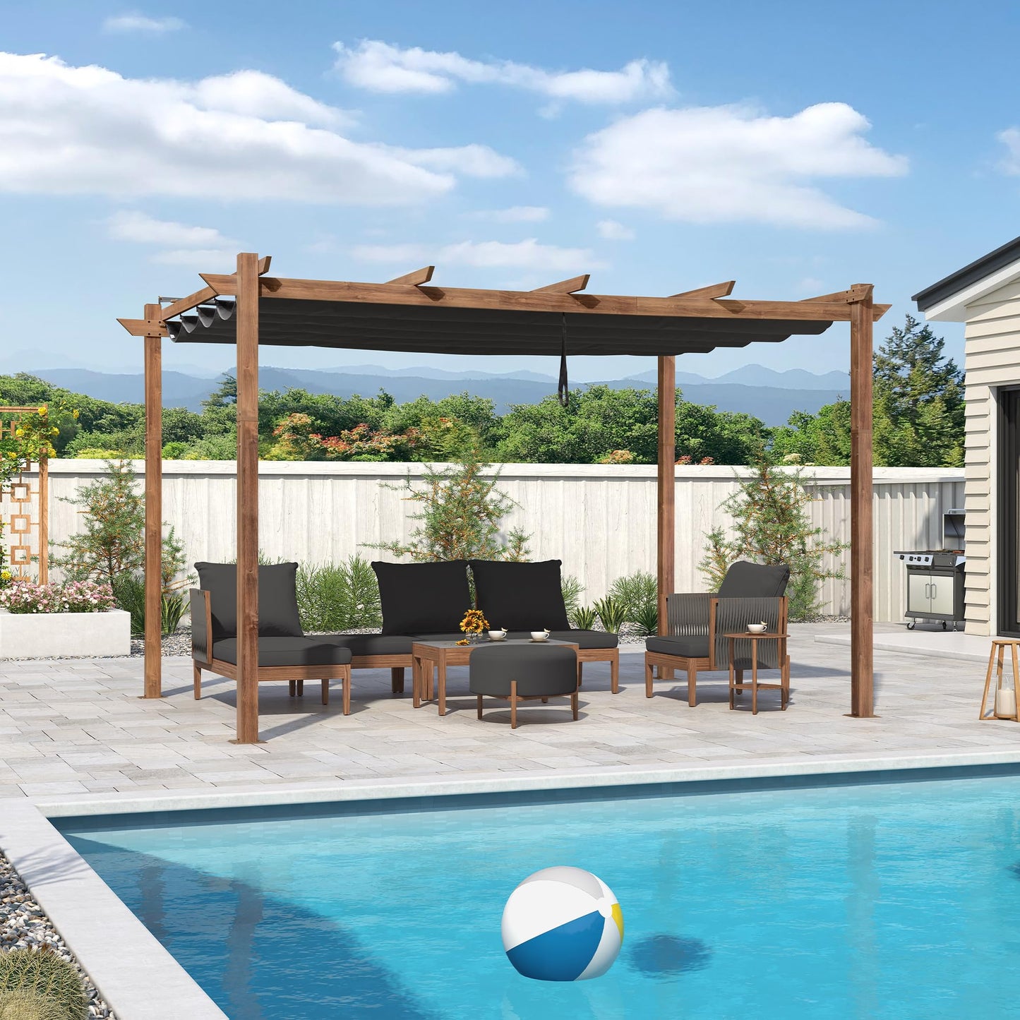 PURPLE LEAF Pergola 3 x 4 m Holzoptik Terrassenüberdachung Rostfreier Aluminium Pavillon mit Einziehbarem Dach Freistehend mit Markisenschutz, Grau