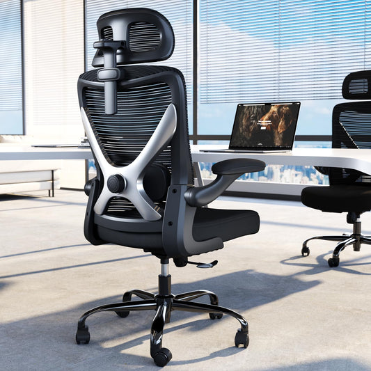 TRALT Ergonomischer Bürostuhl - X-förmiger bequemer Computer-Bürostuhl, Gaming-Stuhl, Bürostuhl mit Lendenwirbelstütze, Netz-Bürostuhl mit Kopfstütze (Schwarz und Silber)