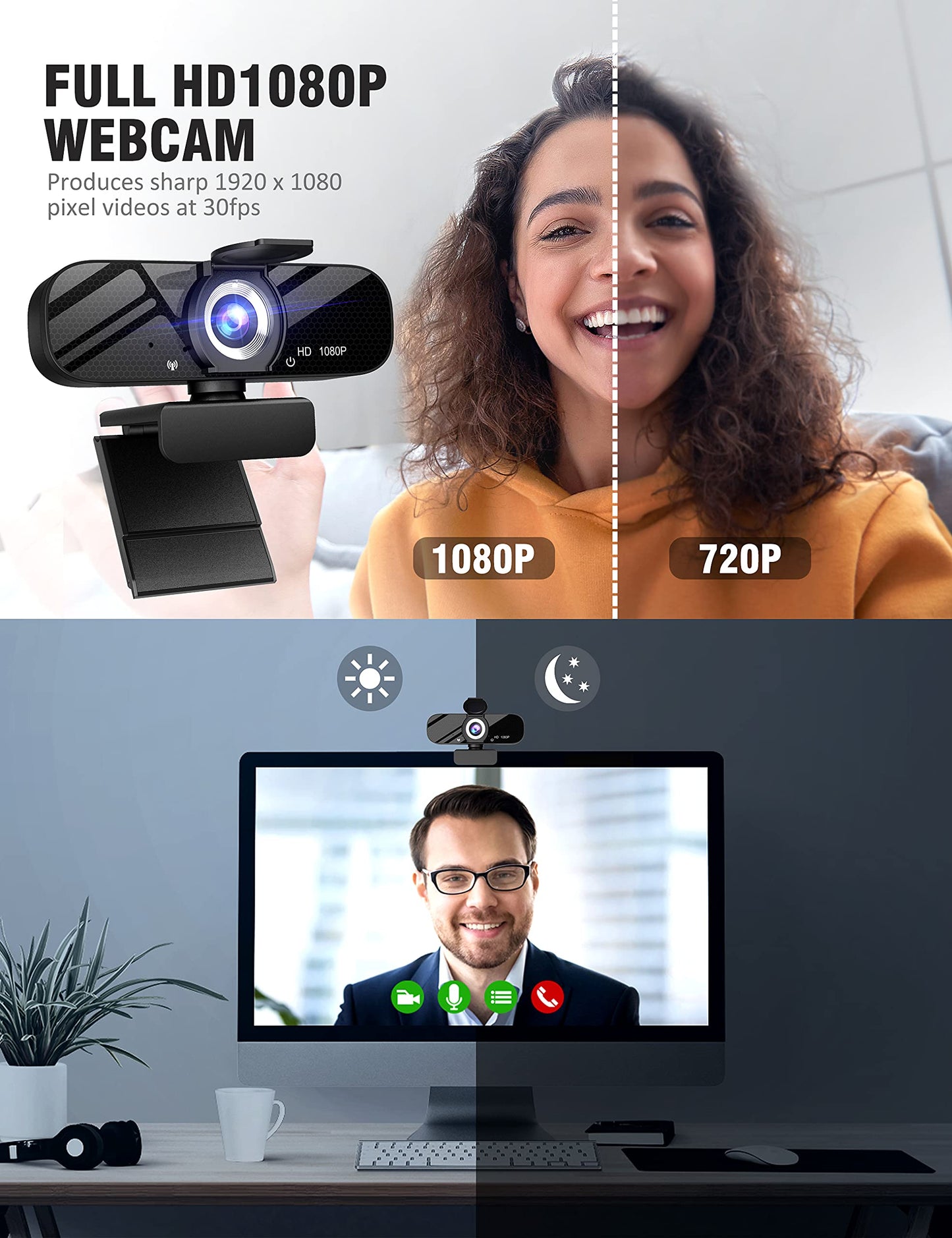 Gohero Full HD 1080P Video-Webcam und Weitwinkelkamera mit integriertem Mikrofon und drehbarem Stativ, für Laptop oder Desktop-PC, ideal für Live-Streaming, Anrufe, Videokonferenzen