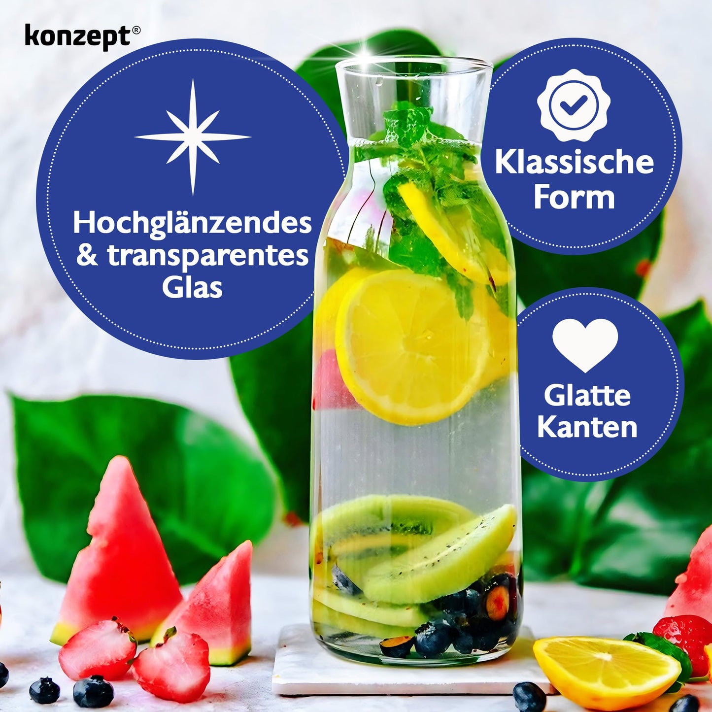 KONZEPT Wasserkaraffe ohne Deckel, Glaskaraffe 1 liter, Karaffe ideal für Wasser, Saft, Wein, Limonade, Coctails und Milch
