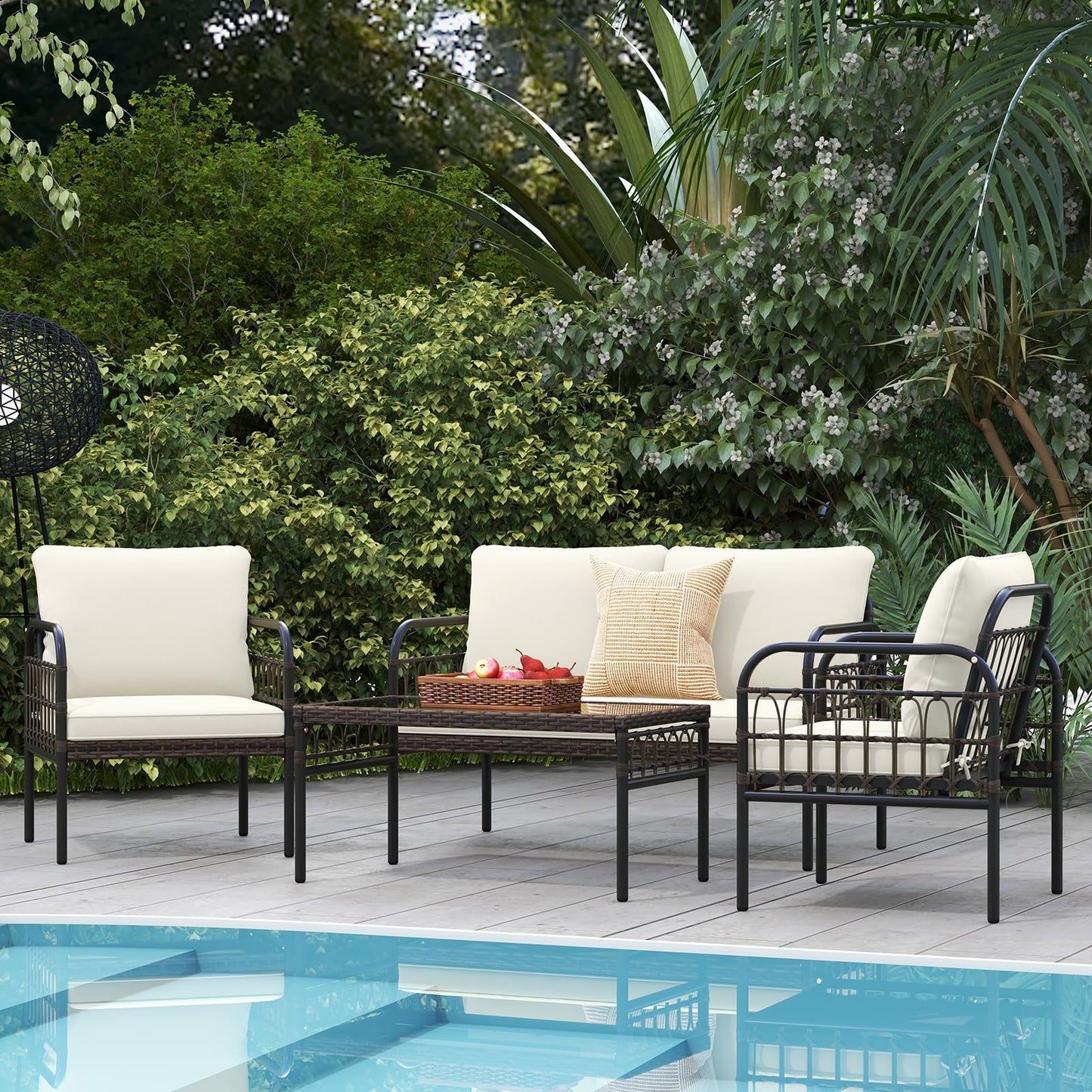 GIANTEX Gartenmöbel Set, Gartenlounge Outdoor Möbelsets, Garten Lounge Set Rattan, Sitzgruppe 4 Personen Tisch 2 Stühle Sitzbank, inkl. Kissen, Balkonmöbel Kleiner Balkon, Gartengarnitur Sitzgruppe