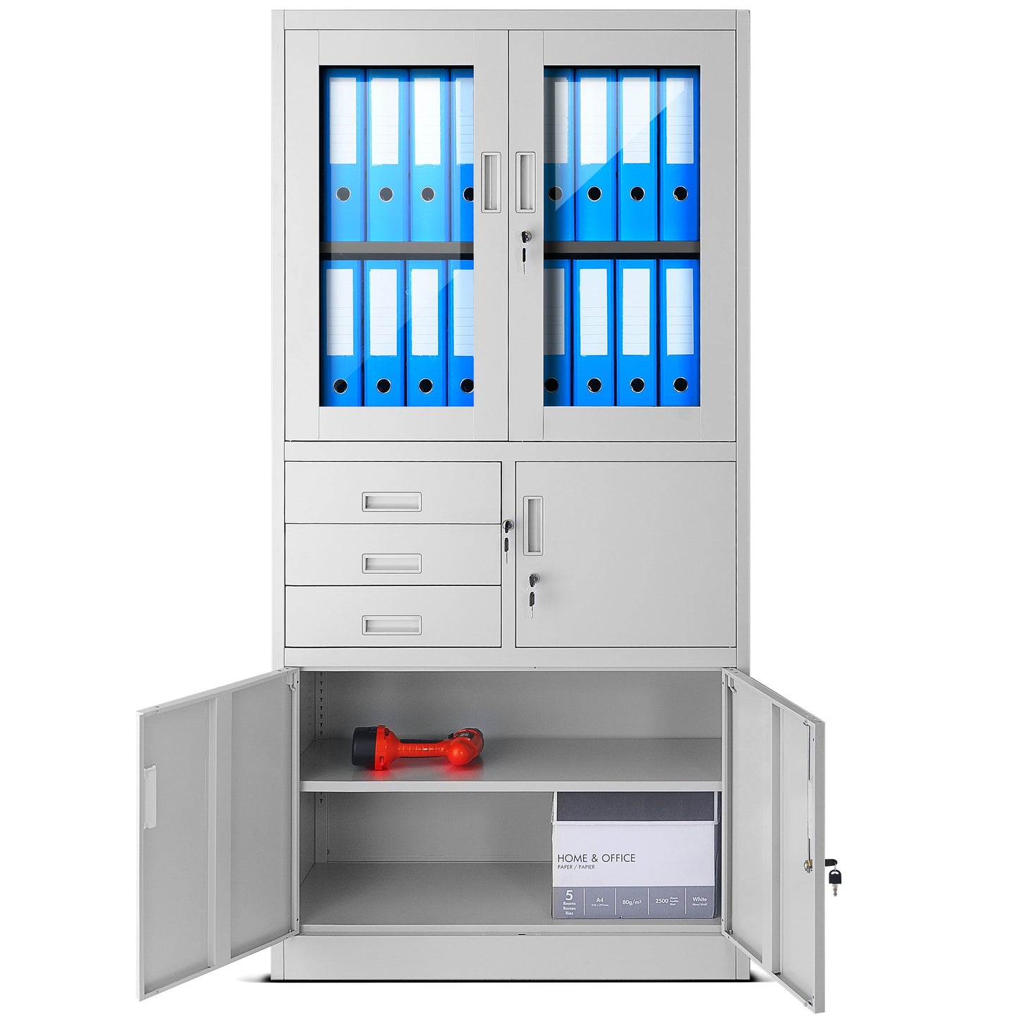 Jan Nowak Aktenschrank C018S Büroschrank Metallschrank Tresor Safe Geheimfach Flügeltüren Schubladen Pulverbeschichtung Stahlblech 185 cm x 90 cm x 40 cm (H x B x T) (Grau)