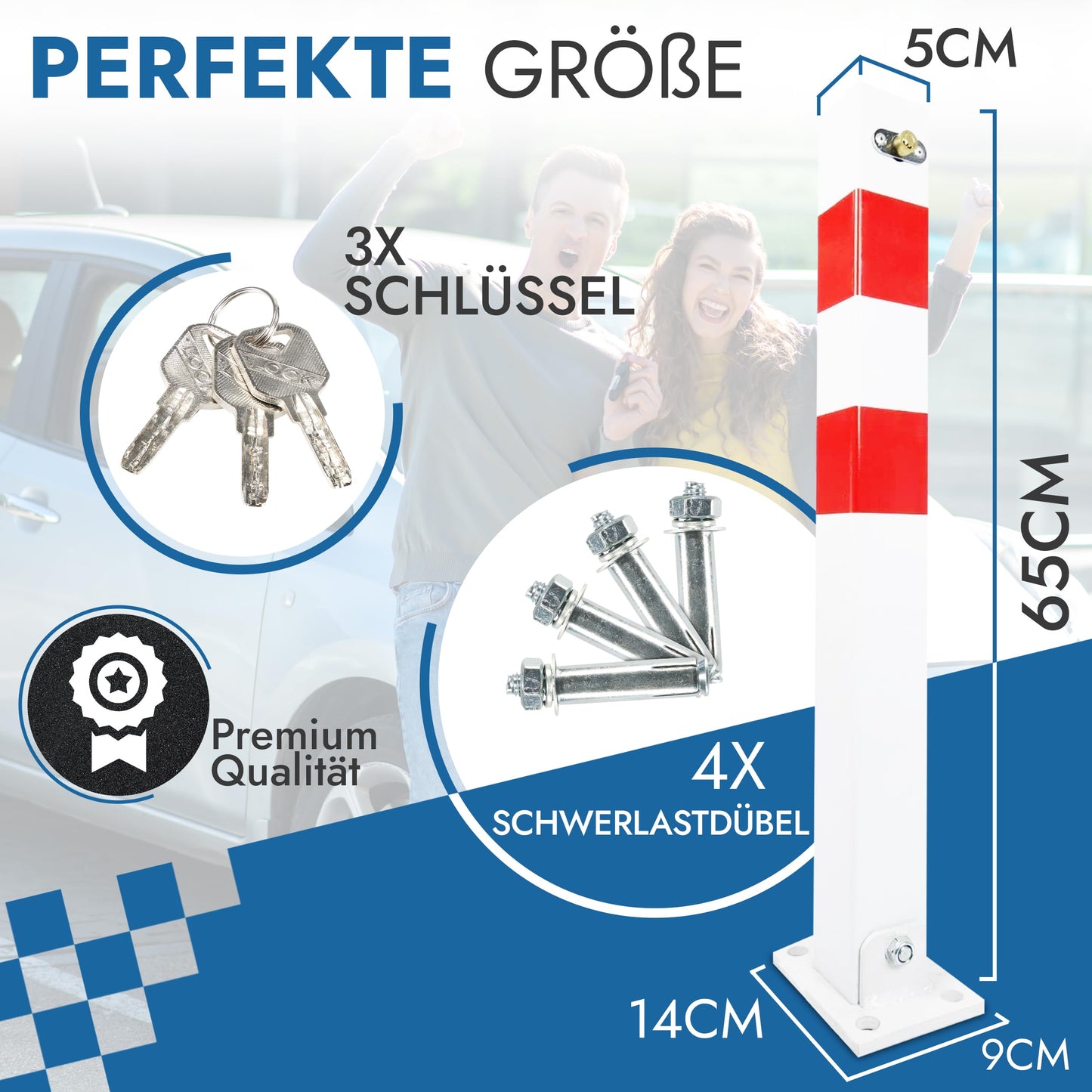 Parkpfosten Absperrpfosten klappbar 65cm Hoch Parkplatzsperre je Poller 3 Schlüssel 4 Schwerlastdübel Pfosten Weiß signal Rot ParkWatch Absperrung Pollen (1)