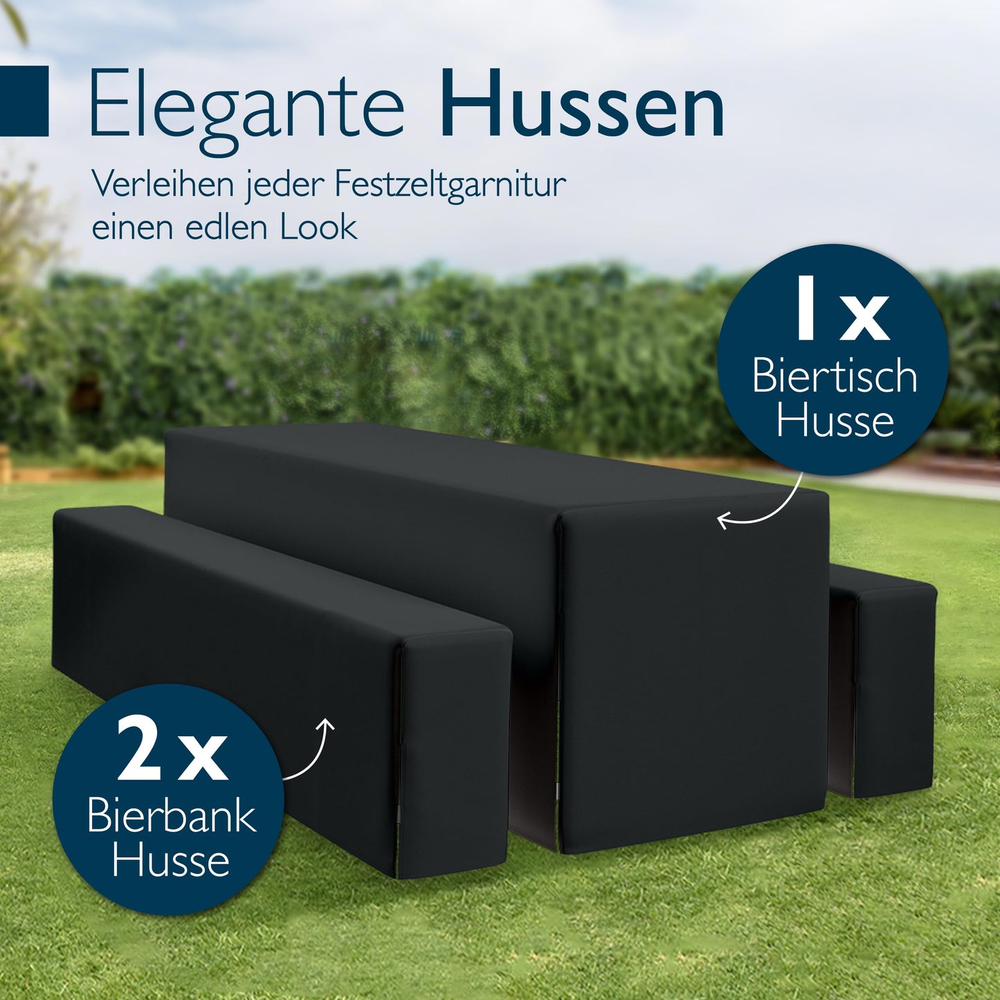 Beautissu Edles 3tlg Biertischhussen Set Blickdicht 50cm oder 70cm Bierzeltgarnitur – Dicker Stoff Knitterfrei Bierbankauflagen Bodenlang – Biertischhusse Bierbankhusse Biertisch – 220x50cm Schwarz