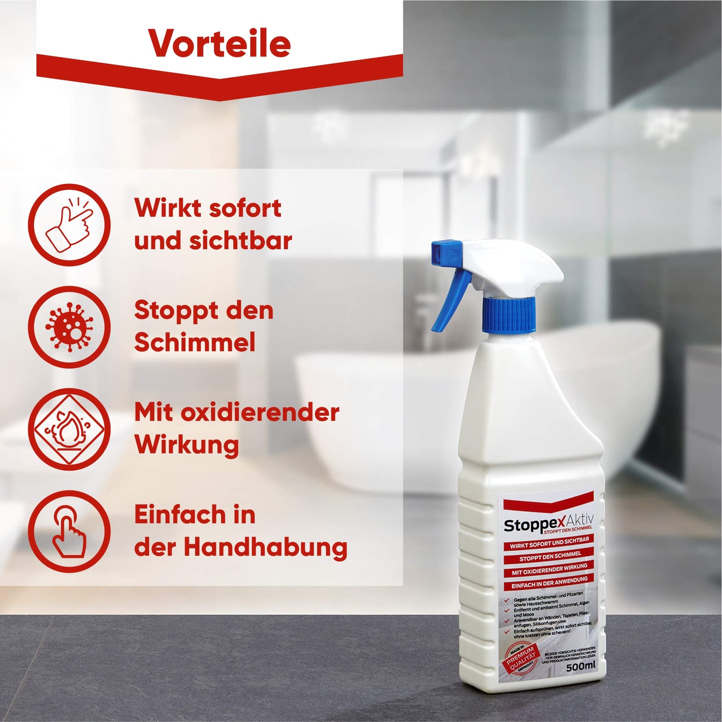 Stoppex® Aktiv-Profi Schimmelentferner gegen Schimmel für Wand, Bad und Silikonfugen I Extrastarker, chlorhaltiger Anti Schimmelspray gegen Stockflecken u. Schimmelpilz