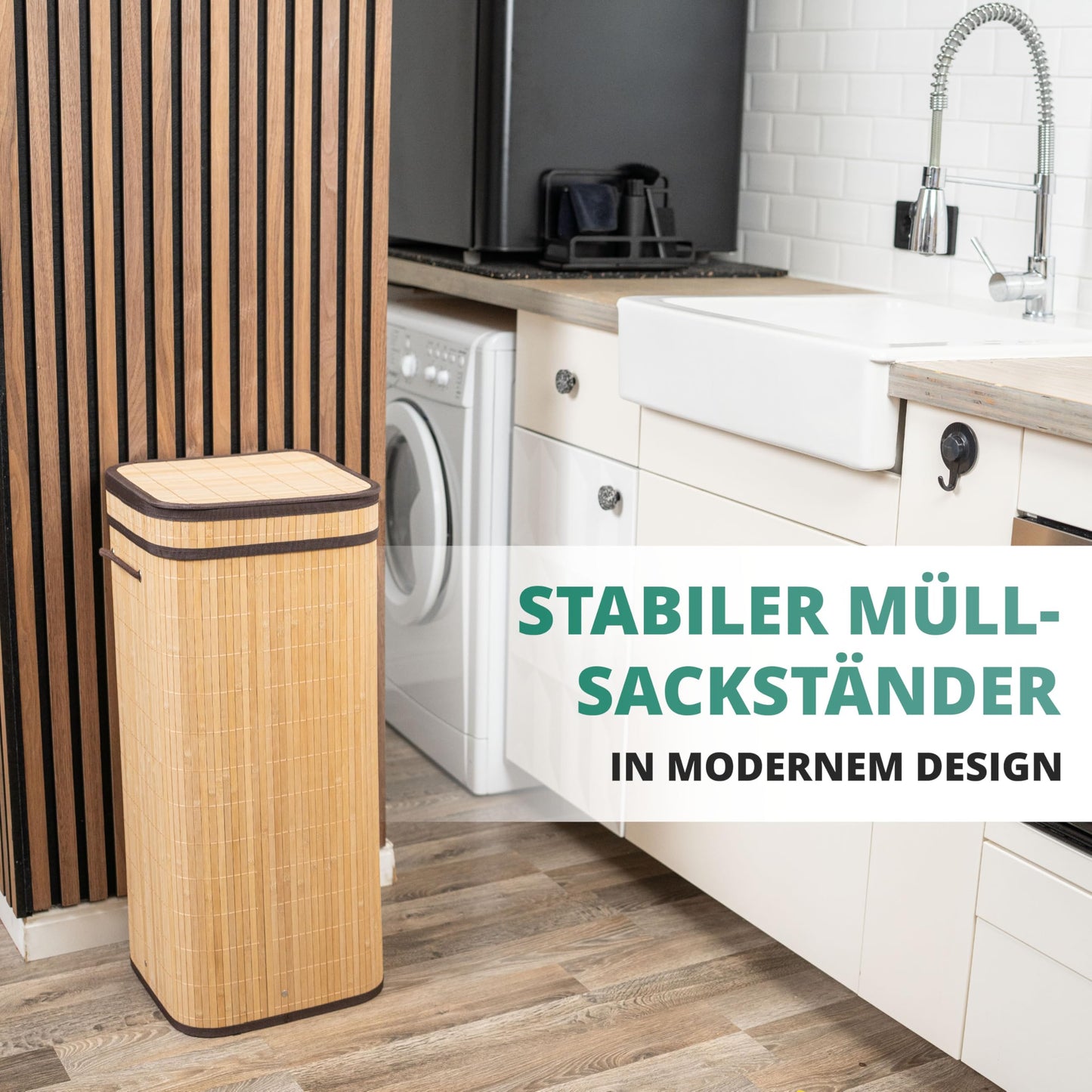 HOMELYN Gelber Sack Ständer I 80L, aus Bambus I Stabiler Müllsackständer mit Deckel I Extra für gelbe Säcke I Gelber Sack Mülleimer I Behälter gelbe Säcke für Küche & Haushalt