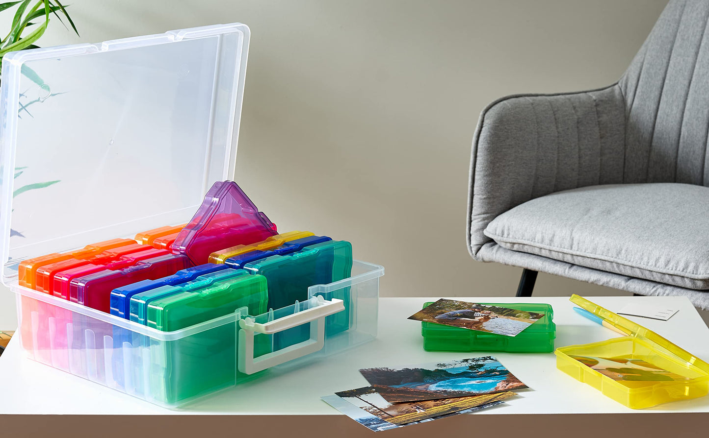 MATANA Foto-Aufbewahrungsbox (38x30x13cm, Farbig) für 15x10cm Fotos - Foto Organizer Box mit 16 Fächern und Etiketten - Sticker & Saatgut Aufbewahrung