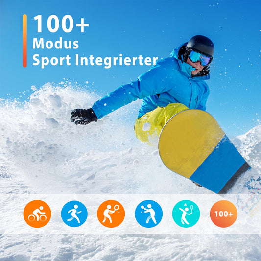 Popglory Smartwatch Herren Damen, Sprachassistent, 100+ Sportmodi Fitnessuhr mit Bluetooth Anrufe SpO2 Blutdruckmessung Herzfrequenz Schrittzähler Schlafmonitor, 2 Uhrenarmband