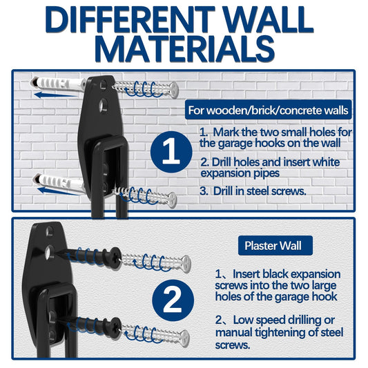 3-H 14 Stück Wandhaken Garage Haken Schwerlast Doppelhaken Multi Größe Garage Storage Hooks für Leiter Fahrrad Geräte Garten Schwarz