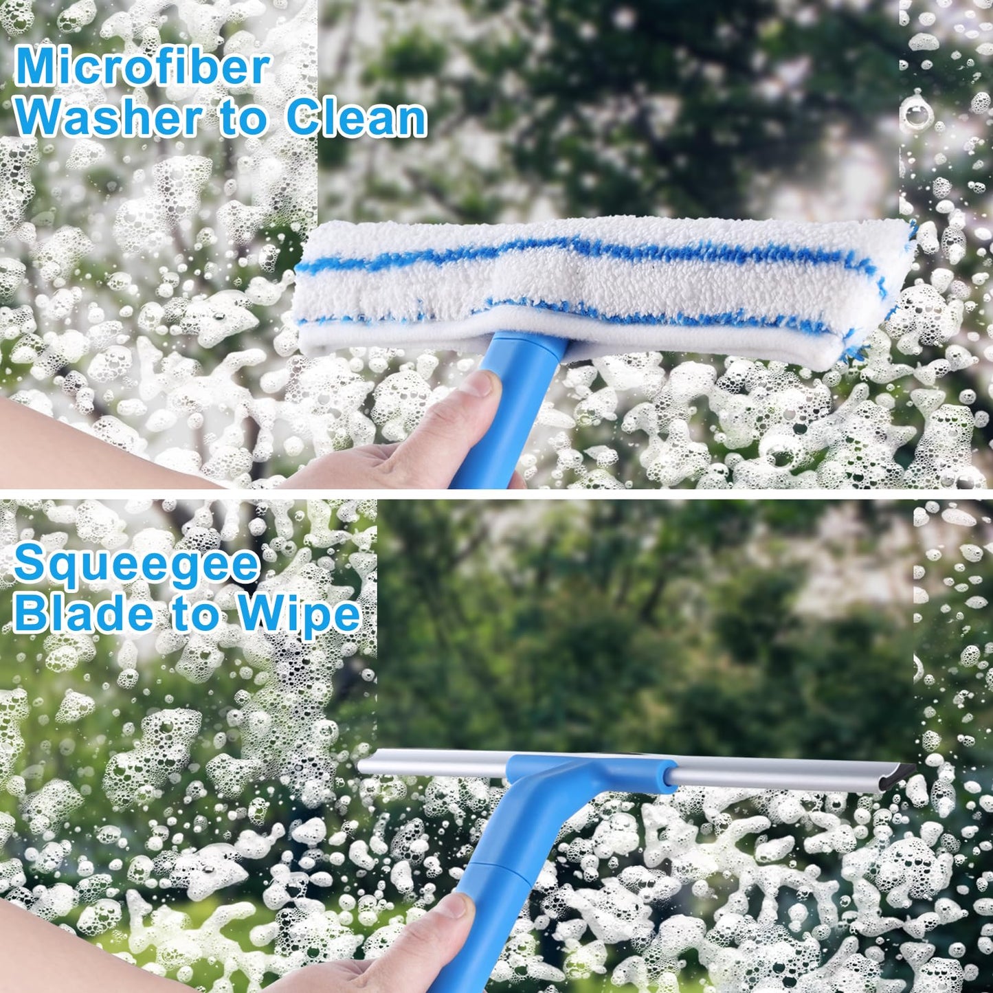 Mitclear Fensterreiniger mit Teleskopstiel (146cm), Professioneller Fensterwischer mit Silikonabzieher & Mikrofaserschrubber, Fensterreinigungsset für Bad, Dusche, Glas, Spiegel, Auto