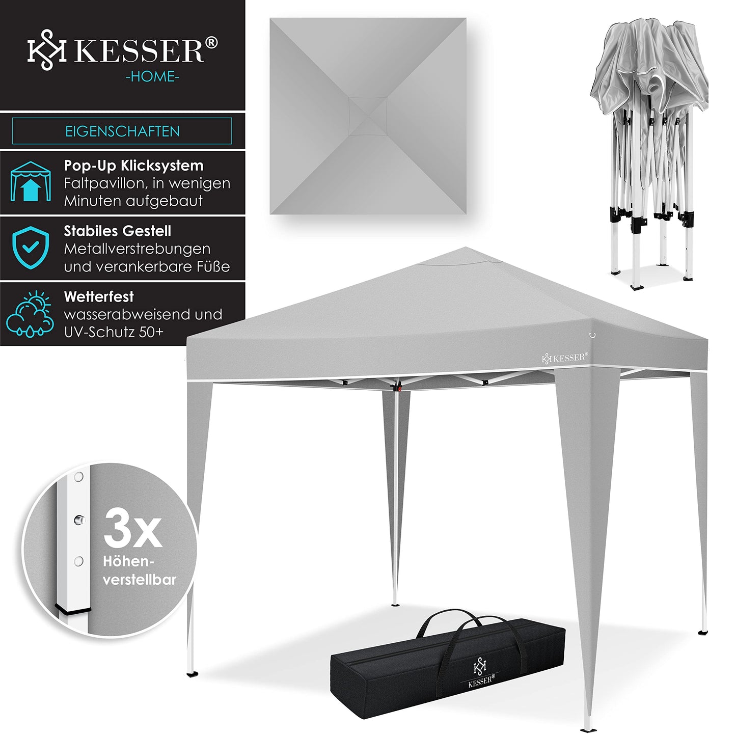 KESSER® Pavillon 3x3m | wasserdicht | inkl. Tasche | Pop-Up Klicksystem | UV-Schutz 50+ | Faltpavillon | Gartenzelt | Partyzelt | Metall-Verstrebungen | Grau