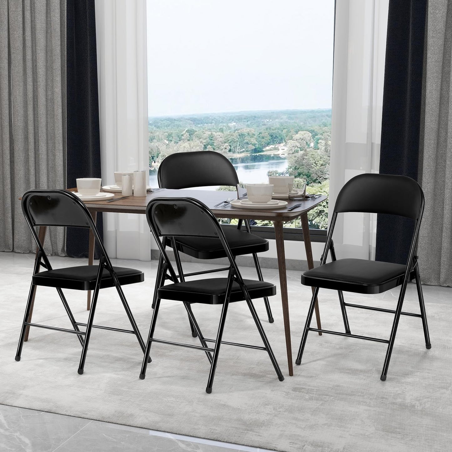 BULAGE Klappstuhl 4er Set Campingstuhl Faltbar, Gartenstuhl Klappbar Klappstuhl bis 158 kg, Kunstleder klappstühle mit PU Sitz, Schwarz Gartenstühle Klappsessel