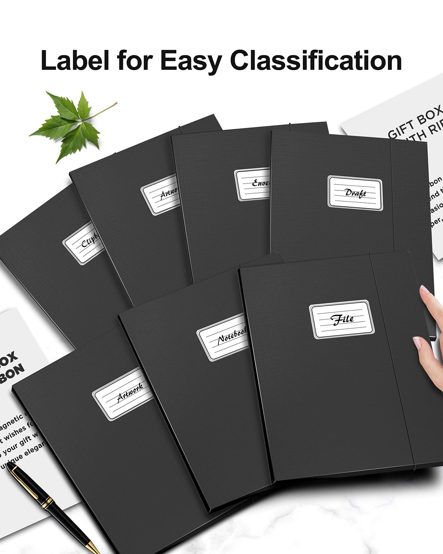 JiaWei 12 Stück 11mm Breite Sammelmappe A4 aus Karton, Aus 350g/m² extra starkem Karton mit 3 Klappen Für Din A4 Mappe, Mit Namensfeld & Gummizug, für Archivbox Aktenbox Dokumentenbox - Schwarz