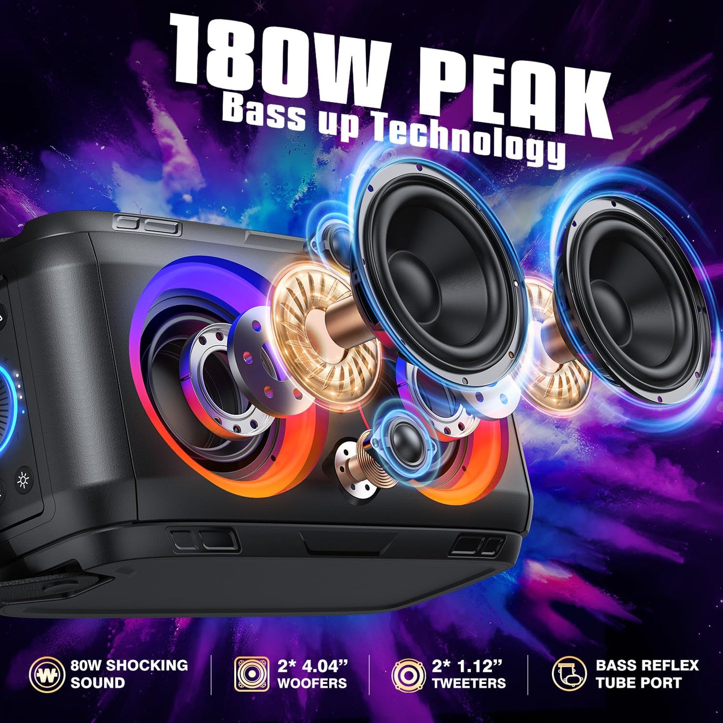 W-KING 180W PEAK Bluetooth Lautsprecher Box Groß, Kabelloser Musikbox Bluetooth Party Box Boombox mit Natürlich Tiefer Bass/4 Treiber 2 Subwoofer, 80W Riesig 105dB Sound/IPX5/Lichter/24H/USB/TF/AUX/EQ