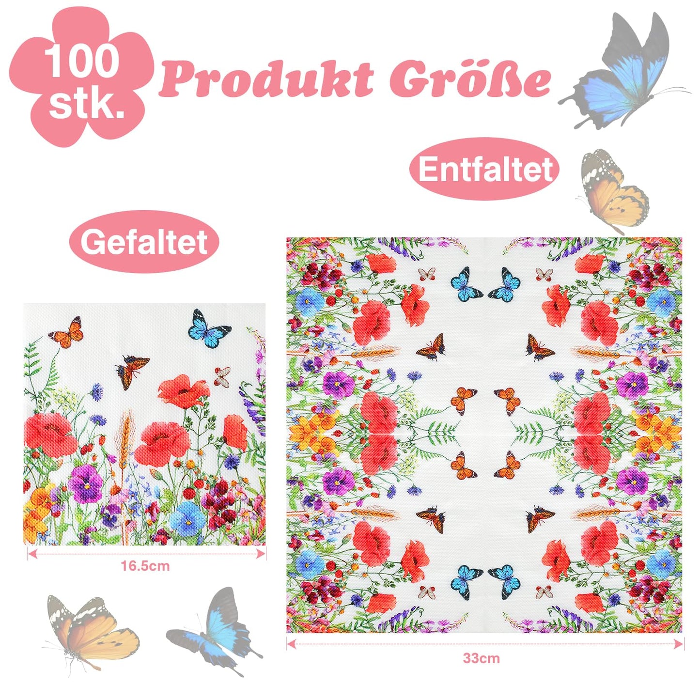 100 Stück Papierservietten mit Blumen Servietten Blumenwiese Schmetterlinge Servietten Blumenmuster für Frühling Geburtstage Partys Hochzeiten Feiern 33x33cm