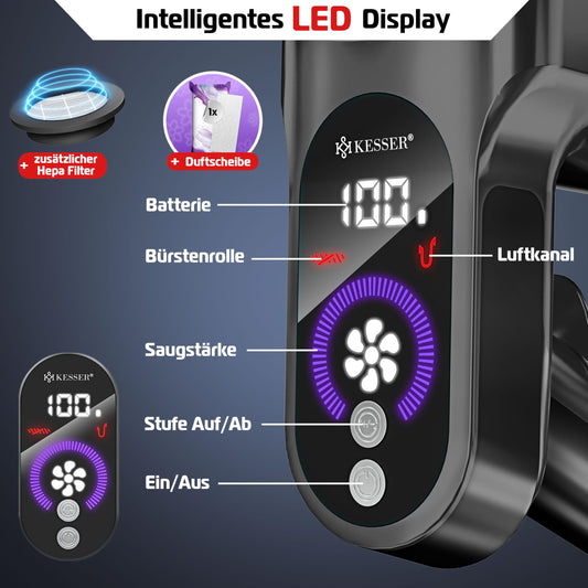 KESSER® Akku-Staubsauger 2in1 | Handstaubsauger ohne Beutel mit HEPA-Filter | Akkusauger bis 45 Min. Laufzeit + Fugendüse & Staubbürste | LED-Licht XL Staubbehälter für Hartböden Teppich Tierhaare