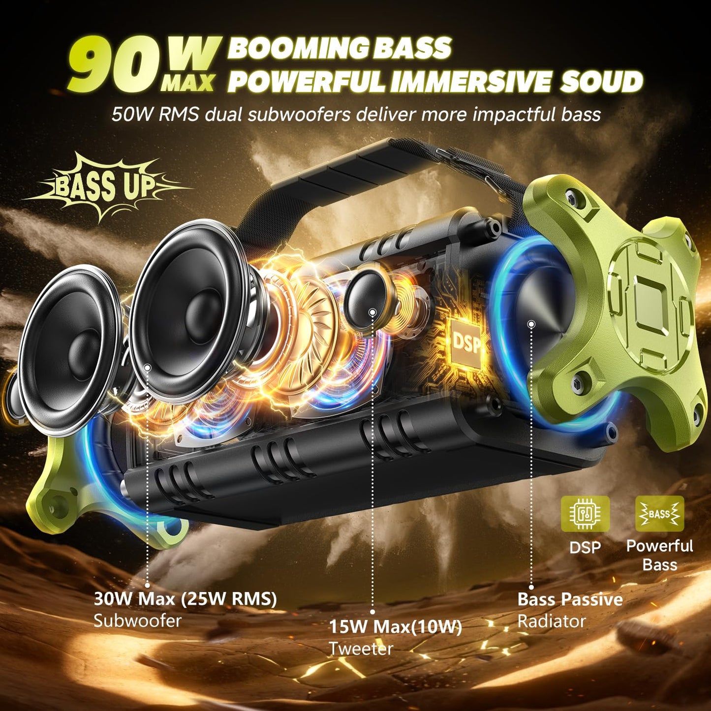 W-KING Bluetooth Lautsprecher Groß 90W Peak, Musikbox Bluetooth, 50W Deep Bass, Portable Party Loud Lautsprecher Boxen, IPX6 Wasserdicht, Boombox Outdoor Lautsprecher, 40H, EQ, Powerbank, AUX, TF,NFC