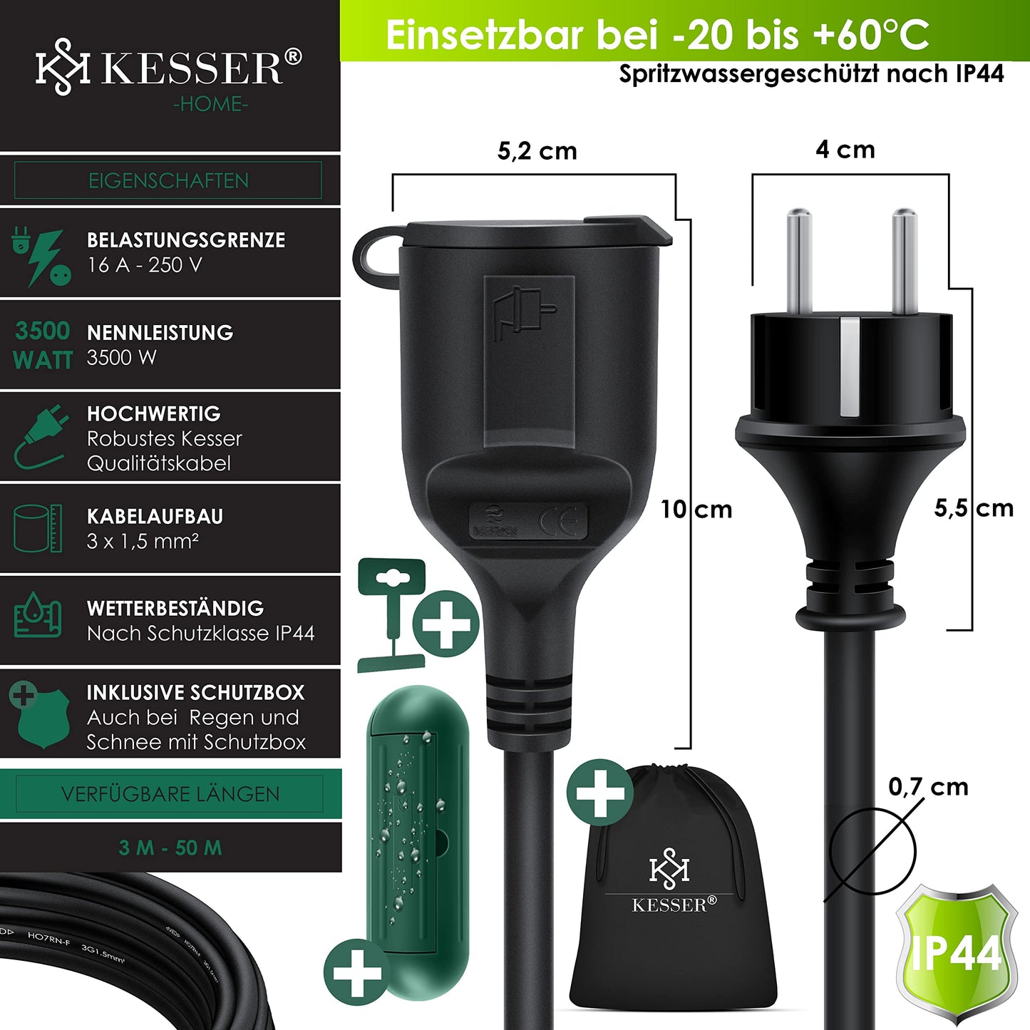 KESSER® Verlängerungskabel 40m mit Schutzkappe Outdoor - für Innenbereich Außenbereich - Verlängerung Stromkabel – 230 V IP44 - mit Schuko Stecker - Schutzkontakt Baustellenkabel Schutzkontaktstecker