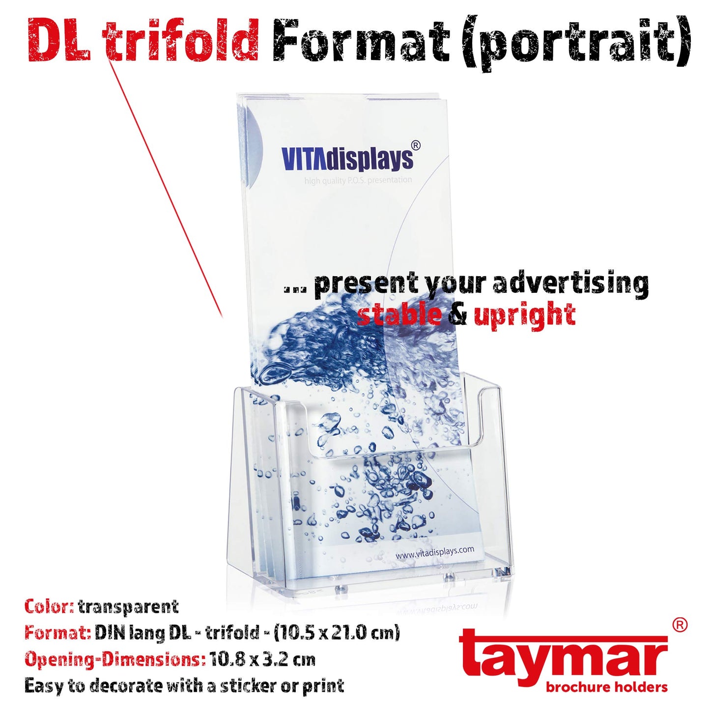Standfester DIN Lang Flyerständer der Marke taymar als transparenter „trifold“ Flyerhalter, Tisch-Prospekthalter, Prospektständer, glasklarer Tischprospektständer für DL Flyer und DIN A6 Postkarten
