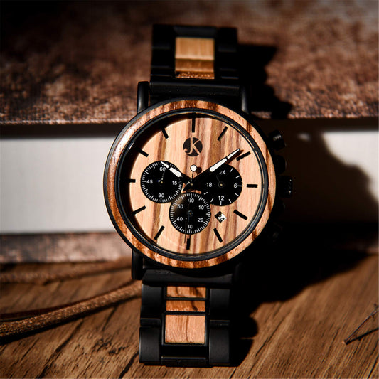 Kim Johanson Herren Holz-Edelstahl Armbanduhr *Military* in Hellbraun Chronograph mit Stoppuhr & einem Gliederarmband Handgefertigt Quarz Analog Uhr inkl. Geschenkbox