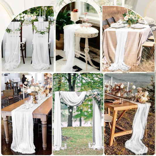 LYAFS 2 Stück weiße Käsetuch-Tischläufer 90 x 300 cm, Gaze-Tischläufer für Hochzeitsempfang, transparente Brautparty, Geburtstagsparty, rustikaler romantischer Hochzeitsläufer