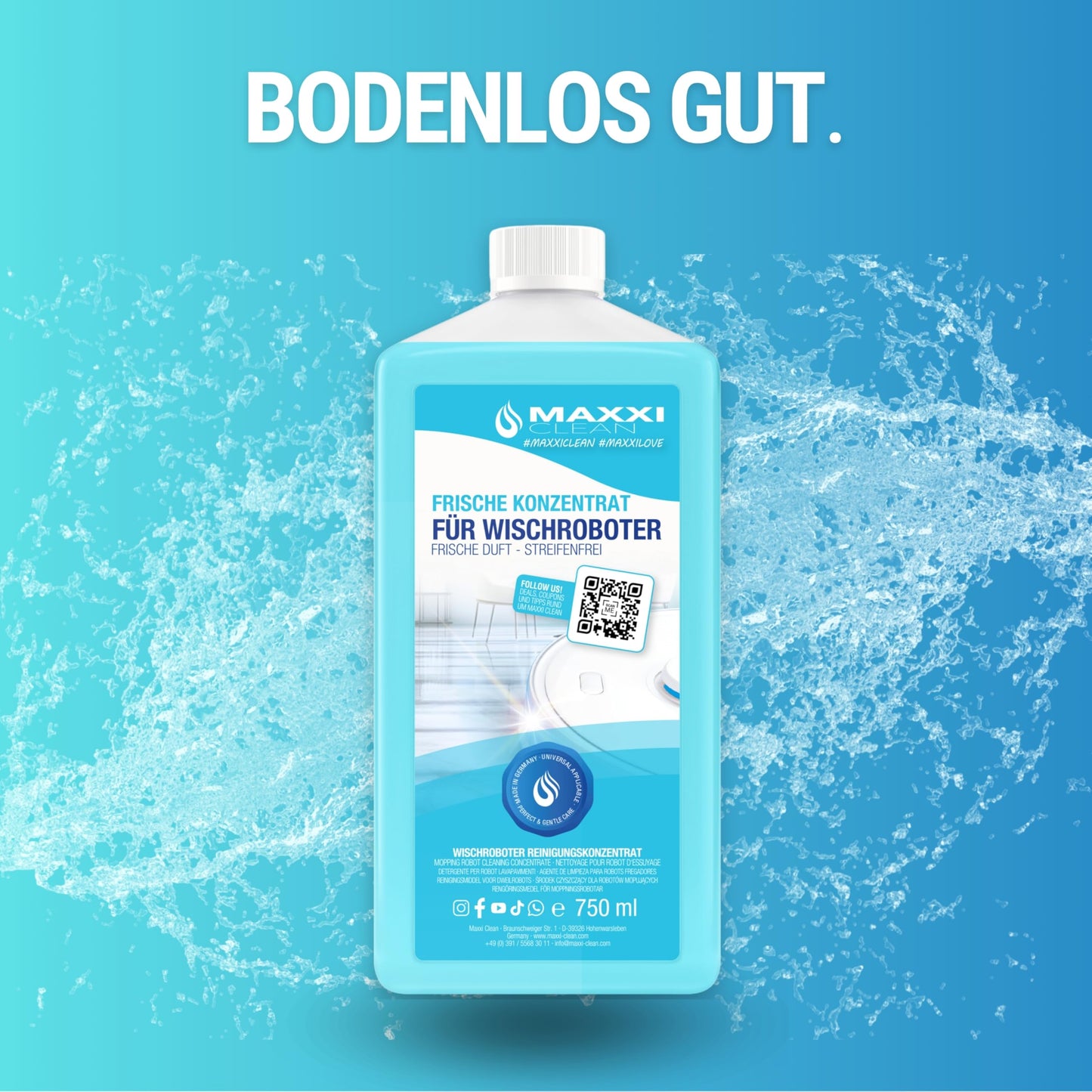 Maxxi Clean | 750ml Bodenreiniger mit Frische-Duft | geeignet für alle Wischroboter | Universal Reiniger Konzentrat | Wischflüssigkeit für Boden, Parkett, Fliesen | Saugwischer-Reinigungsmittel