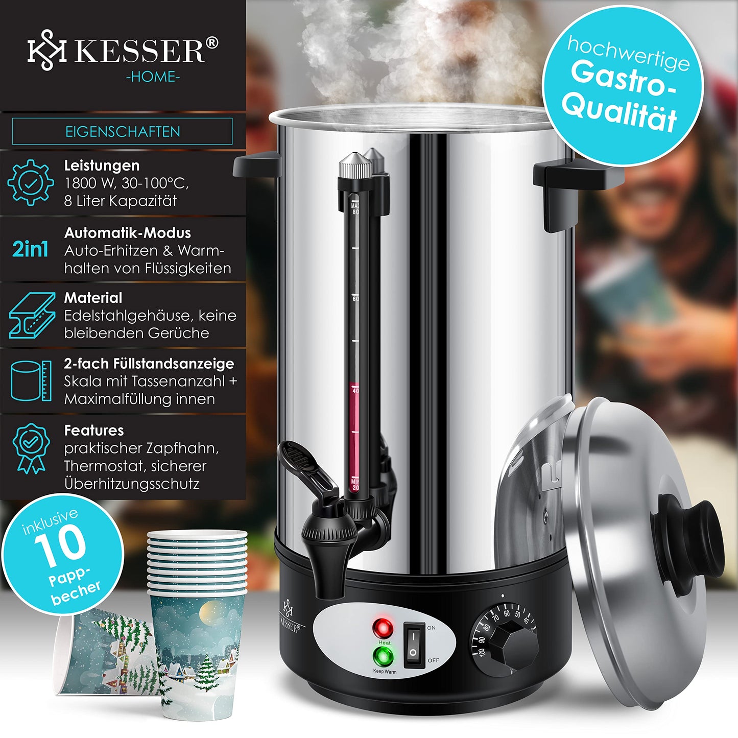 KESSER Glühweinkessel 8L, Edelstahl, mit Thermostat und 10 Bechern, Heißgetränkeautomat für Glühwein, Tee und Suppen, Ideal für Partys
