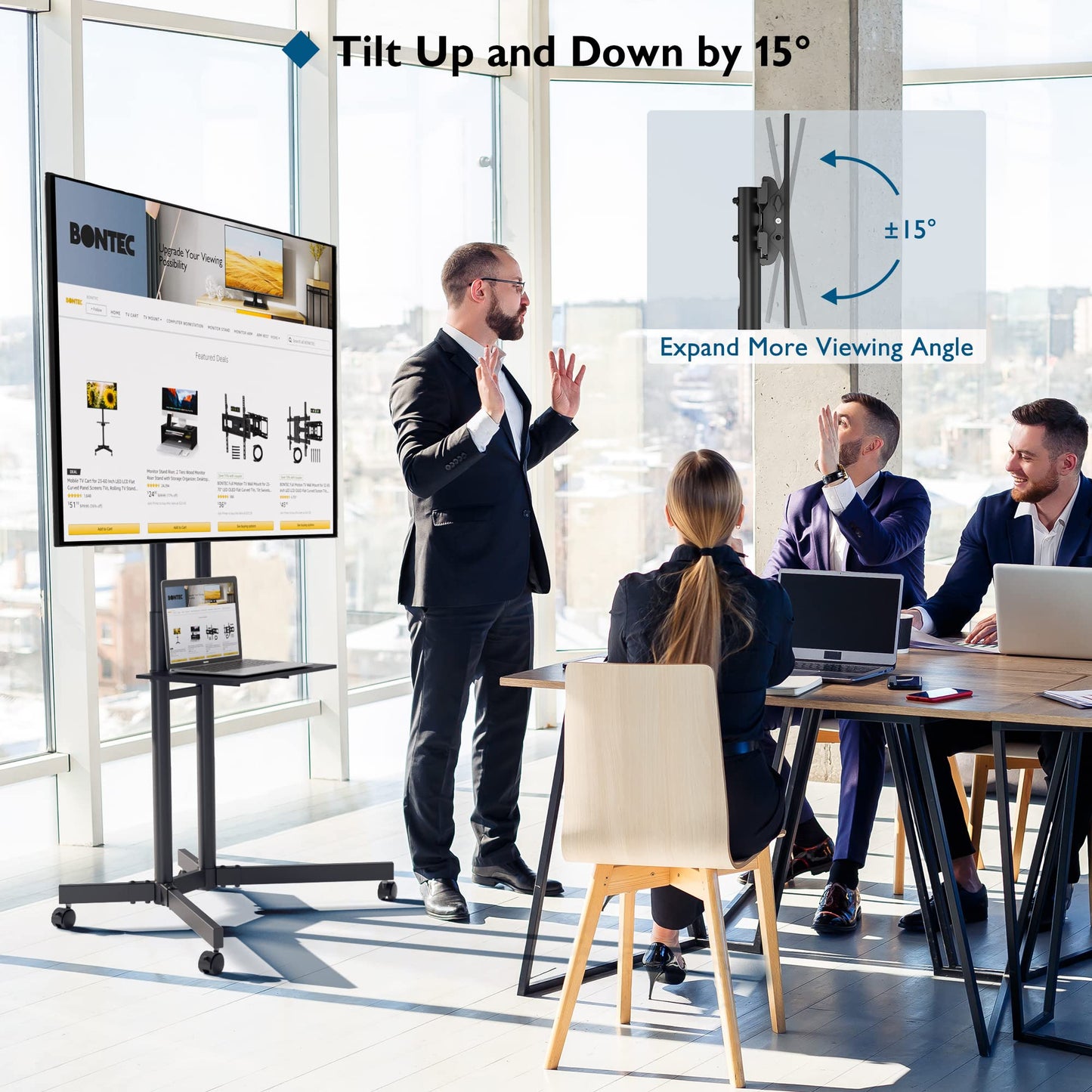 BONTEC TV Ständer mit Rollen TV Wagen Fernsehständer Höhenverstellbar für 32-85 Zoll LCD LED OLED Plasma Flach & Curved Fernseher bis zu 60KG, Max VESA 600x400 mm