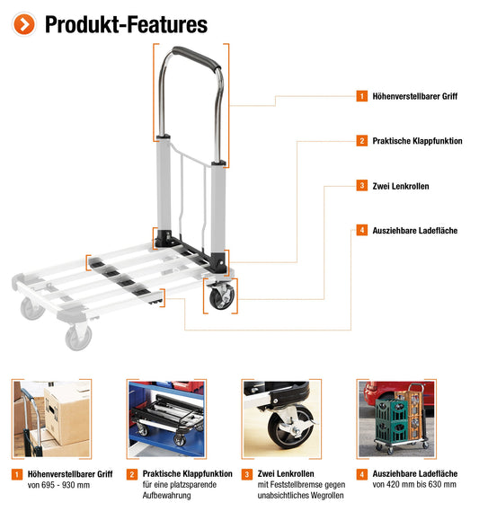 Meister Transportwagen - Klappbar - Bis 150 kg Tragkraft - Feststellbremse - Höhenverstellbarer Griff / Transporthilfe mit Lenkrollen / Paketwagen / Klappwagen aus Aluminium / 8985590