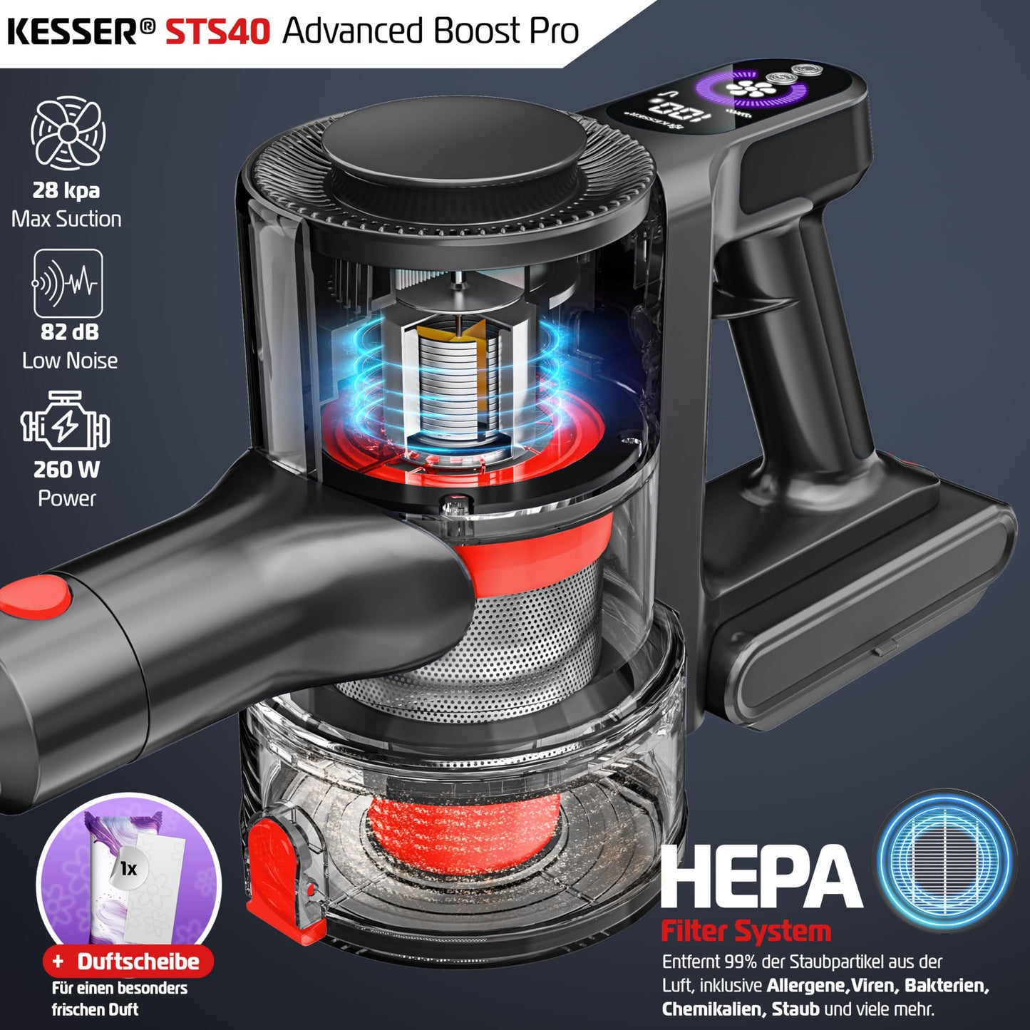 KESSER® Akku-Staubsauger 2in1 | Handstaubsauger ohne Beutel mit HEPA-Filter | Akkusauger bis 45 Min. Laufzeit + Fugendüse & Staubbürste | LED-Licht XL Staubbehälter für Hartböden Teppich Tierhaare