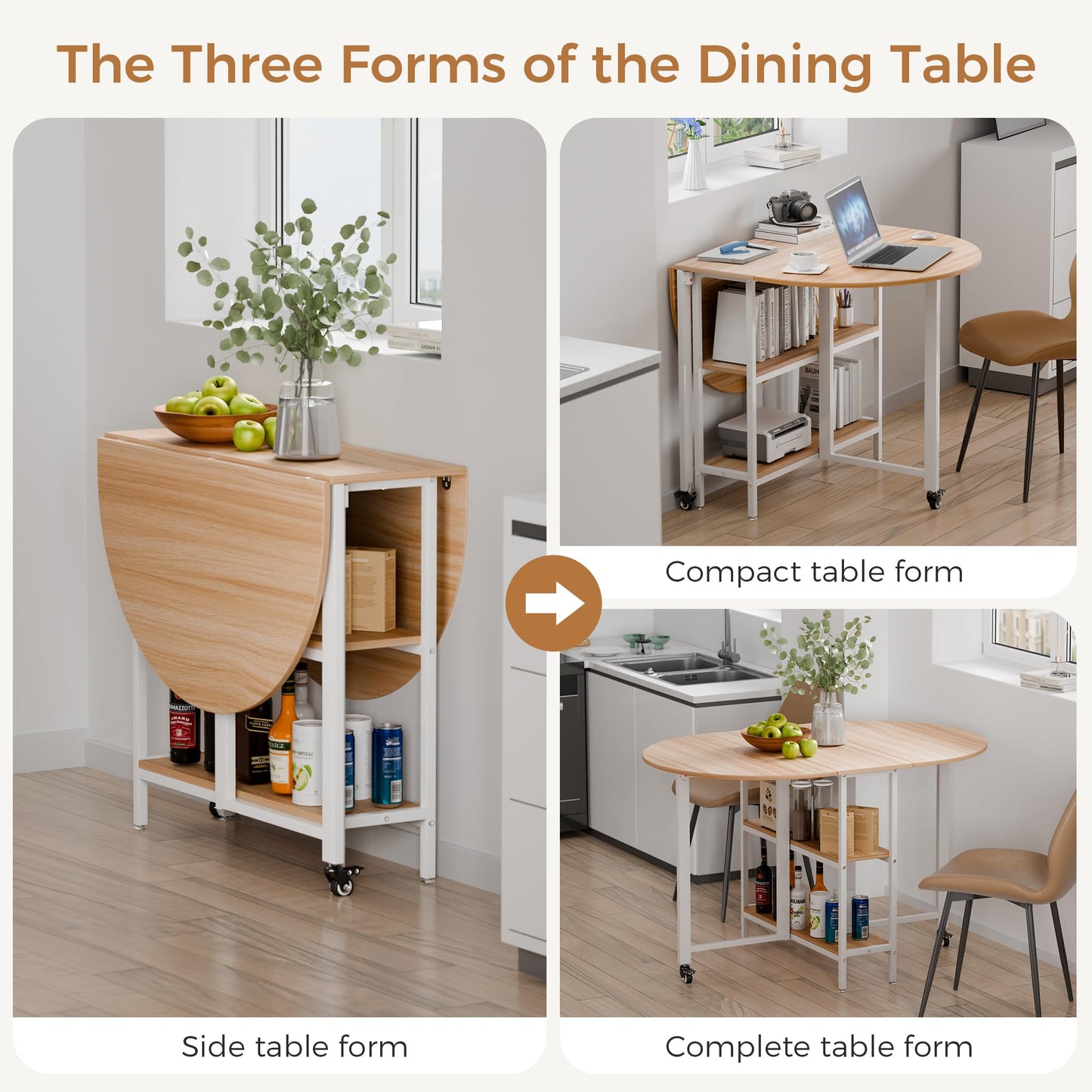 Mondeer Mobiler Klappbarer Esstisch, Klapptisch mit 2 Offenen Ablagen, Rundes Kanten Design, Kleine Räume Esszimmer Küche, 120 x 80 x 75 cm, Eiche und Weiß