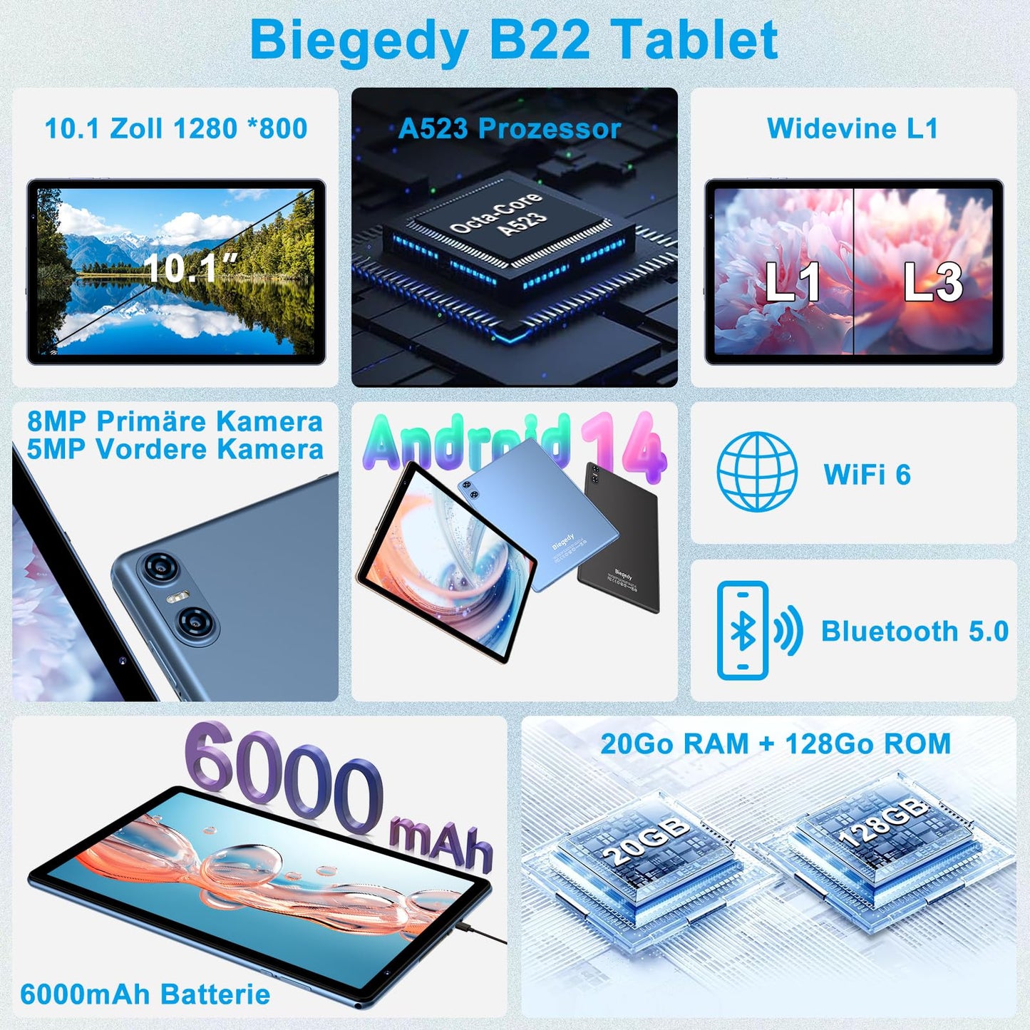 Biegedy Tablet 10 Zoll Android 14 Octa-Core,Tablet PC 20 GB RAM+128 GB ROM (TF1 TB),5G WLAN 6丨Widevine L1丨GMS丨6000mAh丨5MP+8MP丨Bluetooth 5.0丨1280 * 800丨Tablet mit Tastatur Maus Blau
